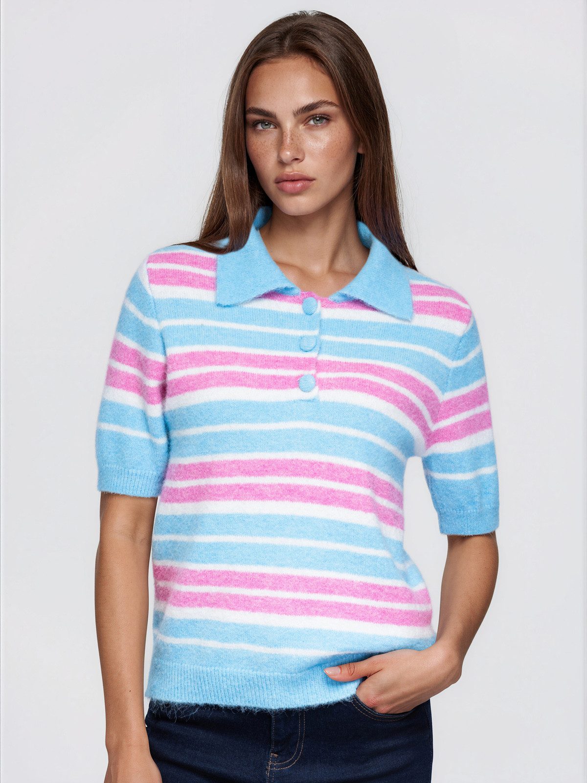 OMBRE Poloshirt Damen Pullover mit klassischem V-Ausschnitt Blau ONESIZE (kein Set, 1-tlg) in Unifarbe