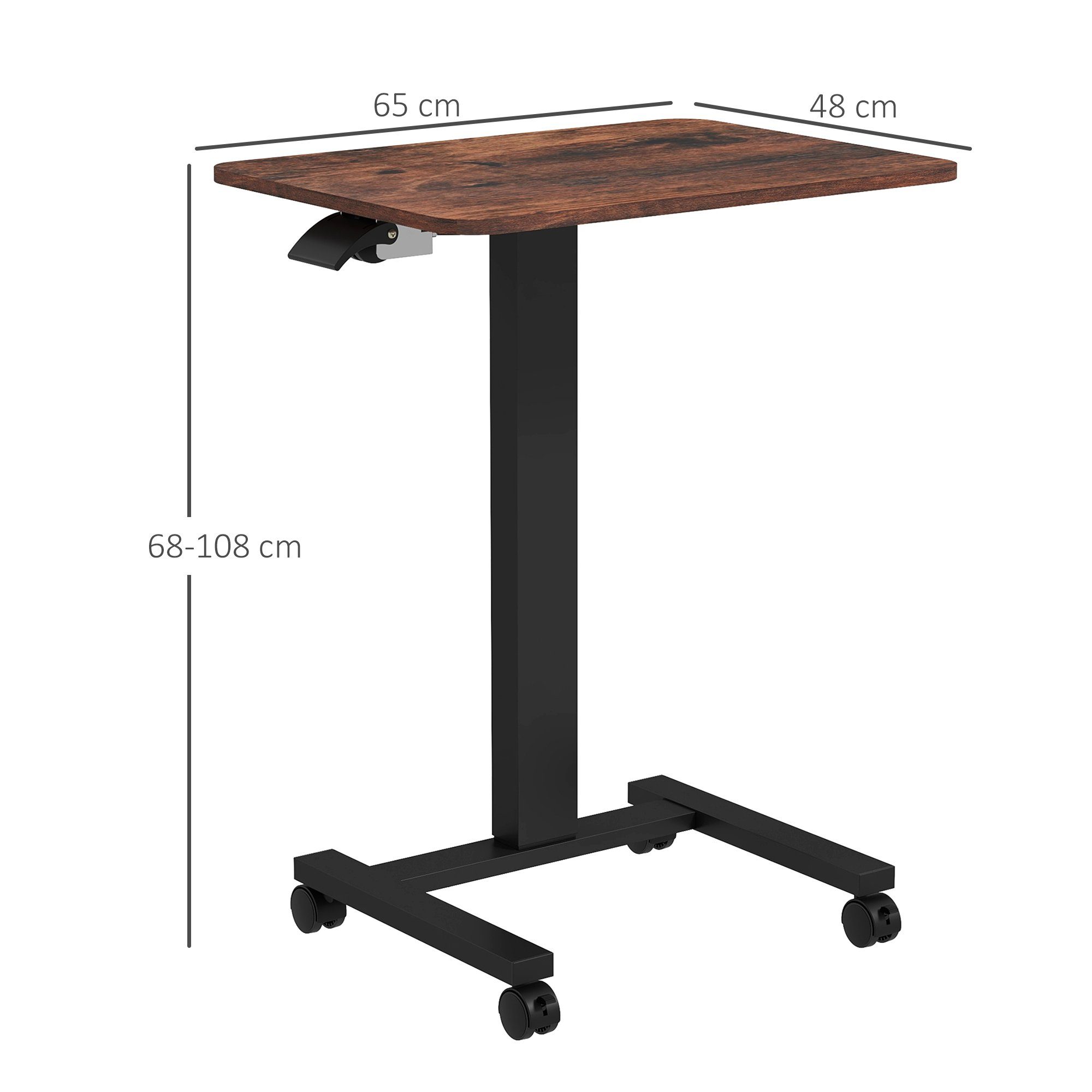 Vinsetto Schreibtisch Höhenverstellbarer Laptoptisch mit Rollen (Computertisch, 1-St., Arbeitstisch), Rustikal-Braun 65 x 48 x 68-108 cm