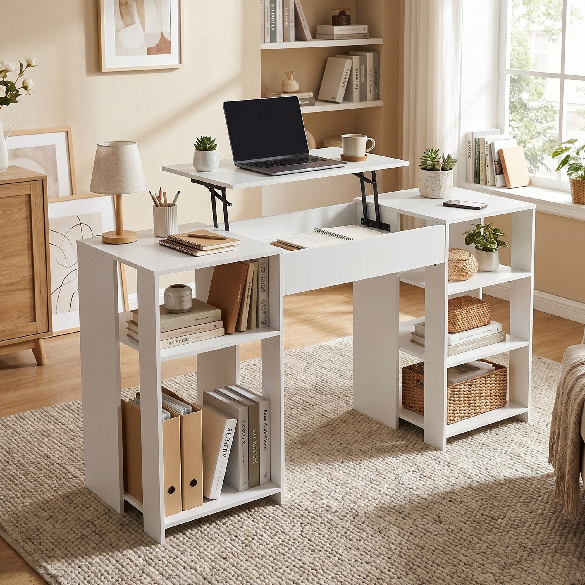 FUFU&GAGA Schreibtisch mit Lift-Top Funktion 140 cm Computertisch, weiß, mit Regal