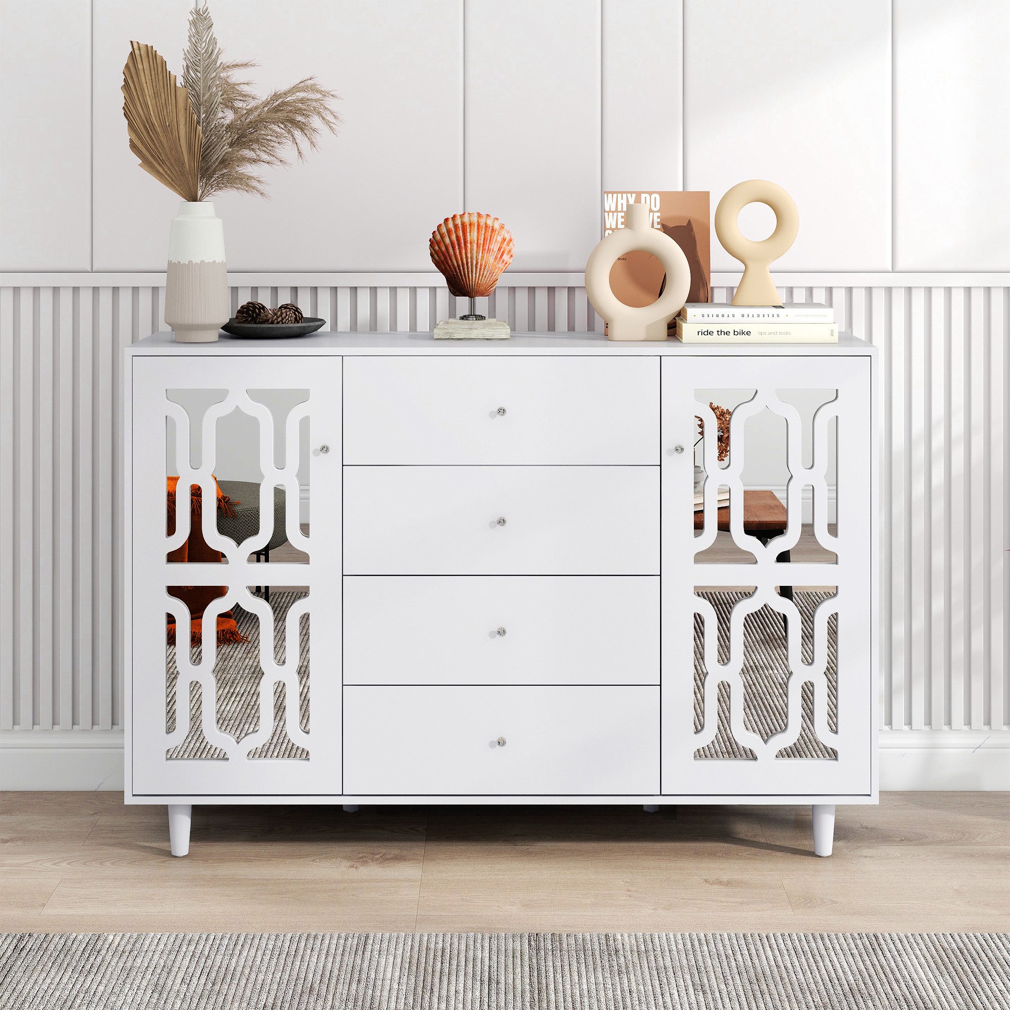 Fine Life Pro Sideboard Weiß verspiegelte Anrichte mit Kristallgriffen