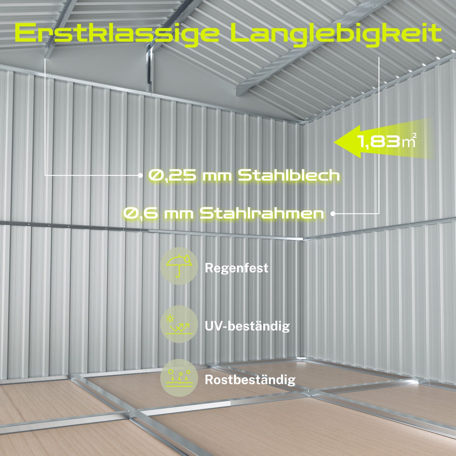 HOMAVO Gerätehaus mit Pultdach, Gartenhaus Metall mit Fundament, mehrere Größen zur Auswahl, mit Belüftungsöffnungen
