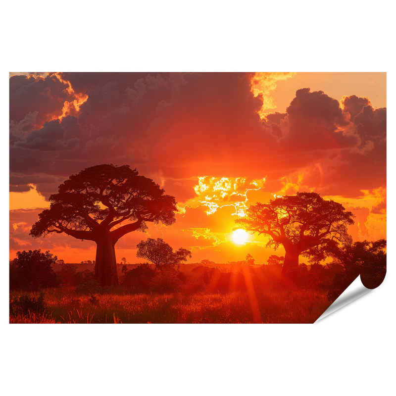 islandburner Poster Atemberaubende Darstellung: Baobab-Bäume vor leuchtendem, orangem Sonn