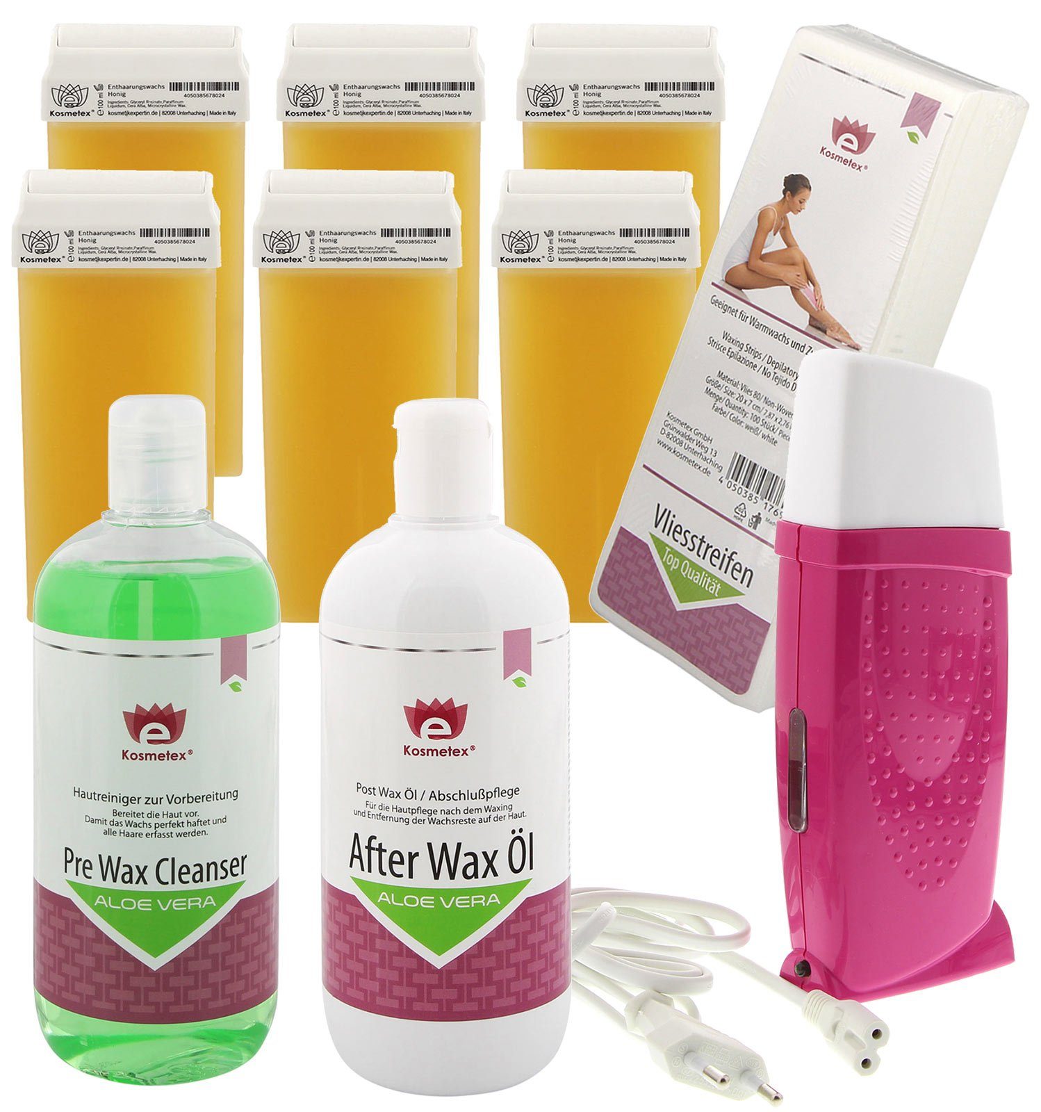 Kosmetex Körperrasierer Kosmetex Waxing Set Roll On, 6x Warmwachspatronen Honig Kit, Waxing Gerät in Pink, 100 Vliesstreife | Körperrasierer