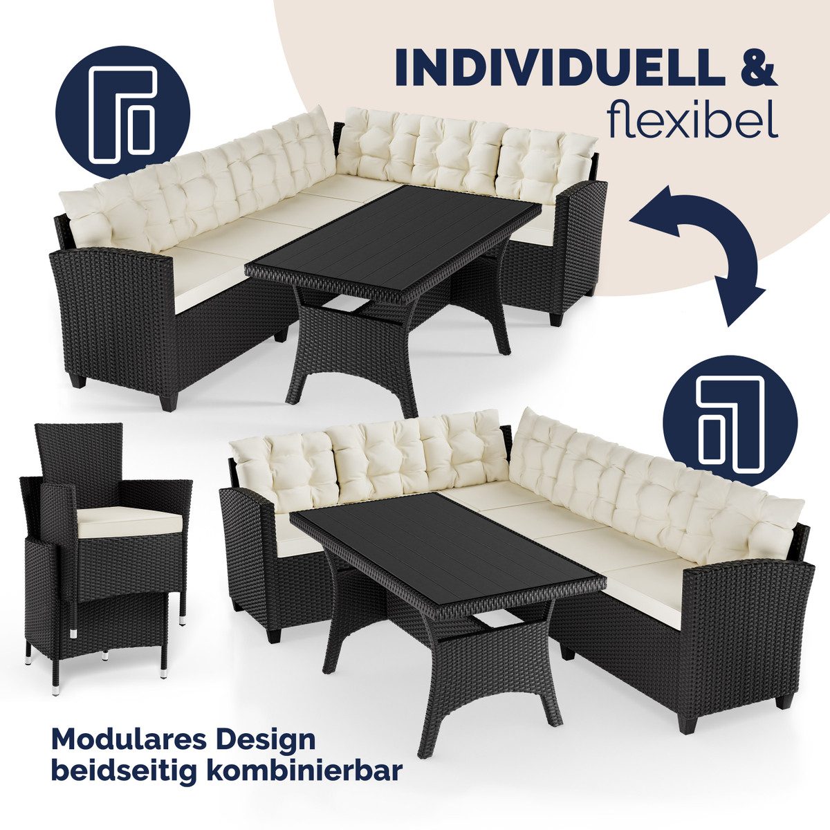 Casaria Gartenlounge-Set Lissabon, (17-tlg), Polyrattan WPC Esstisch Eckbank Gartenstühle 15cm Kissen 7cm Auflagen