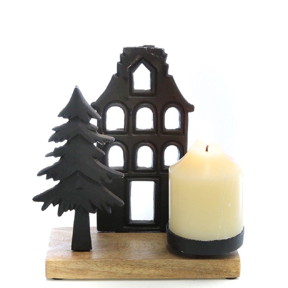 Parts4Living Kerzenhalter Kerzenständer "Haus mit Tanne" Kerzenleuchter aus Mangoholz und Aluminium natur und matt schwarz 21x10x21 cm, im skandinavischen Stil