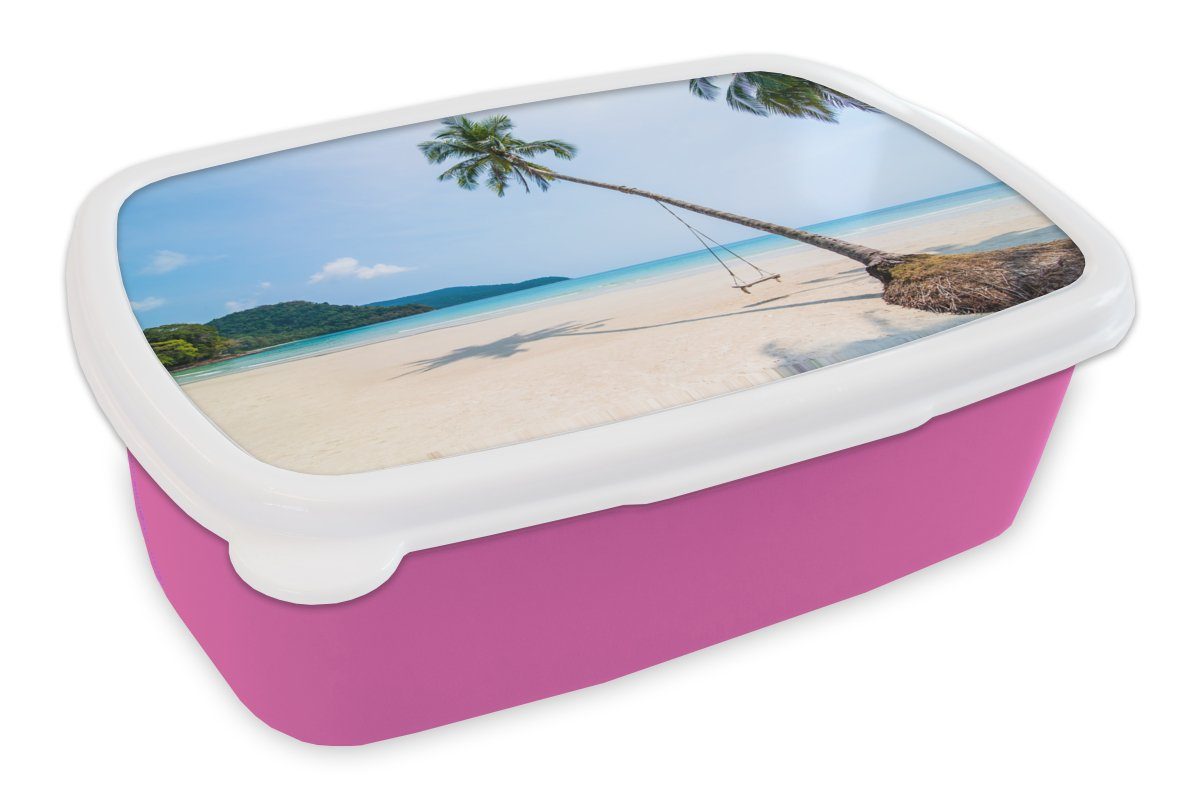 MuchoWow Lunchbox Strand - Palmen - Schaukel, Kunststoff, (2-tlg), Brotbox für Erwachsene, Brotdose Kinder, Snackbox, Mädchen, Kunststoff rosa