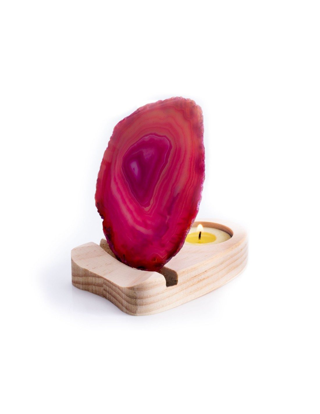 Edelstein Edelstein Lampe Achat Teelicht Pinke Achatscheibe Holz-Teelichthalter