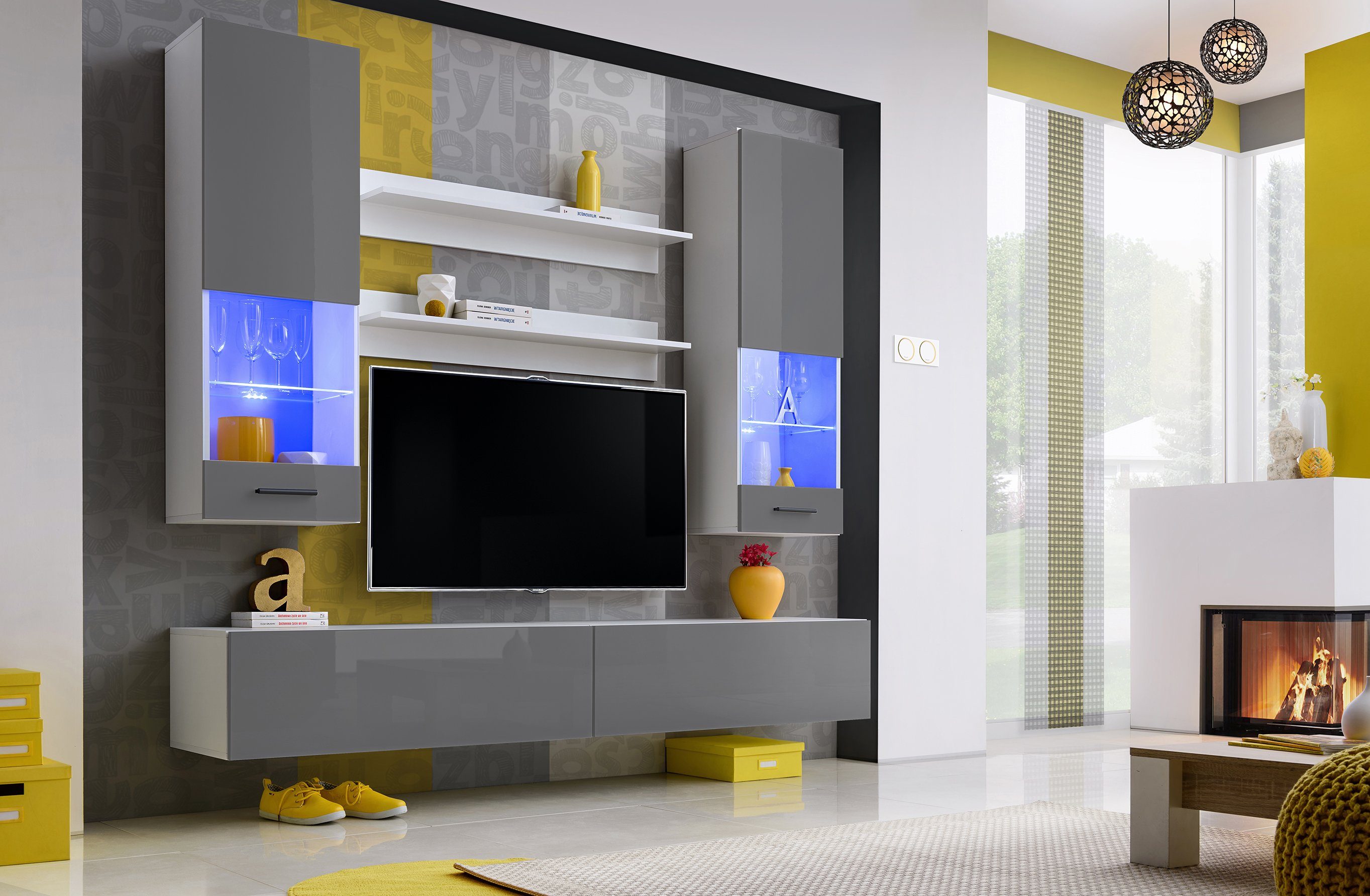 Grau Wohnzimmer-Set, Eaton hängbar, I, Stylefy 2xHängevitrine, - variabel mit wahlweise Set Wohnwand mit Hochglanz (Wohnmöbel, Design (6-St), Weiß aus Glaseinsatz, LED-Beleuchtung, Modern bestehend 2xLowboard, 2xWandregal,