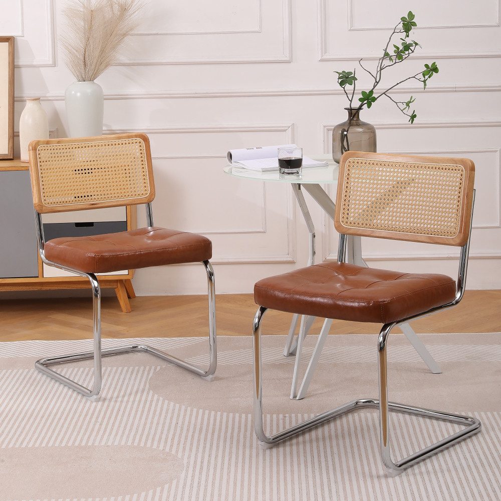 BBG Esszimmerstuhl 2er Set Esszimmerstühle Freischwinger, Moderner Küchenstuhl (Metallgestell Chrom, Wohnzimmer Stuhl Braun/Schwarz, 2 St), Mid Century Rattan Stuhl mit Kunstleder Sitz gepolstert