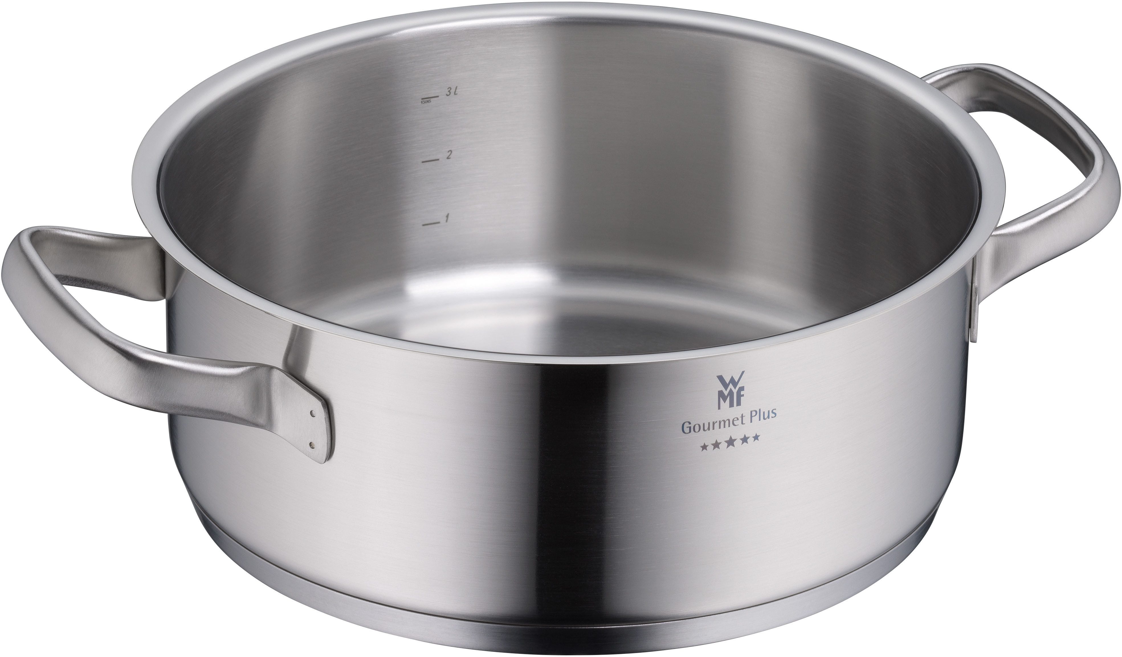 WMF Bratentopf Gourmet Plus, Cromargan® Edelstahl Rostfrei 18/10 (2-tlg), wärmeduzierende Hohlgriffe, Innenskalierung, breiter Schüttrand