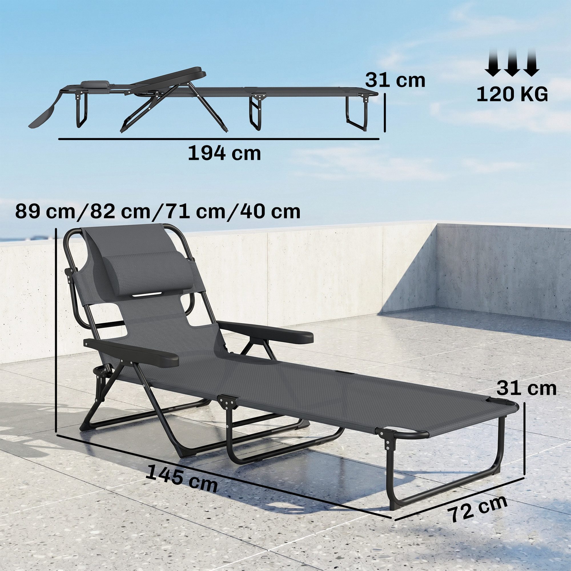 Outsunny Gartenliege klappbar mit Lesefenster, Kopfkissen, 4-Fach verstellbare Rückenlehne, Campingliege, 1 St., Relaxliege, für Garten Strand Pool, Dunkelgrau