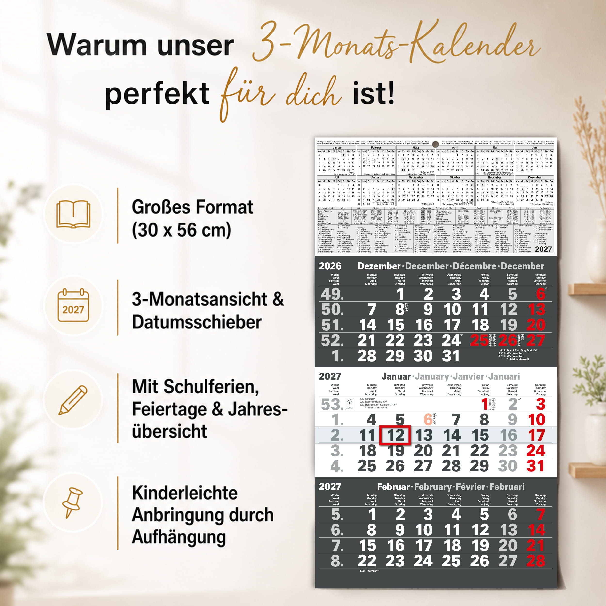 TOBJA Wandkalender 3 Monatskalender 2027 Anthrazit mit Datumsschieber 30x56 FSC, Anthrazit, Datumsschieber, Schulferien DE+AT, 4-sprachig, FSC