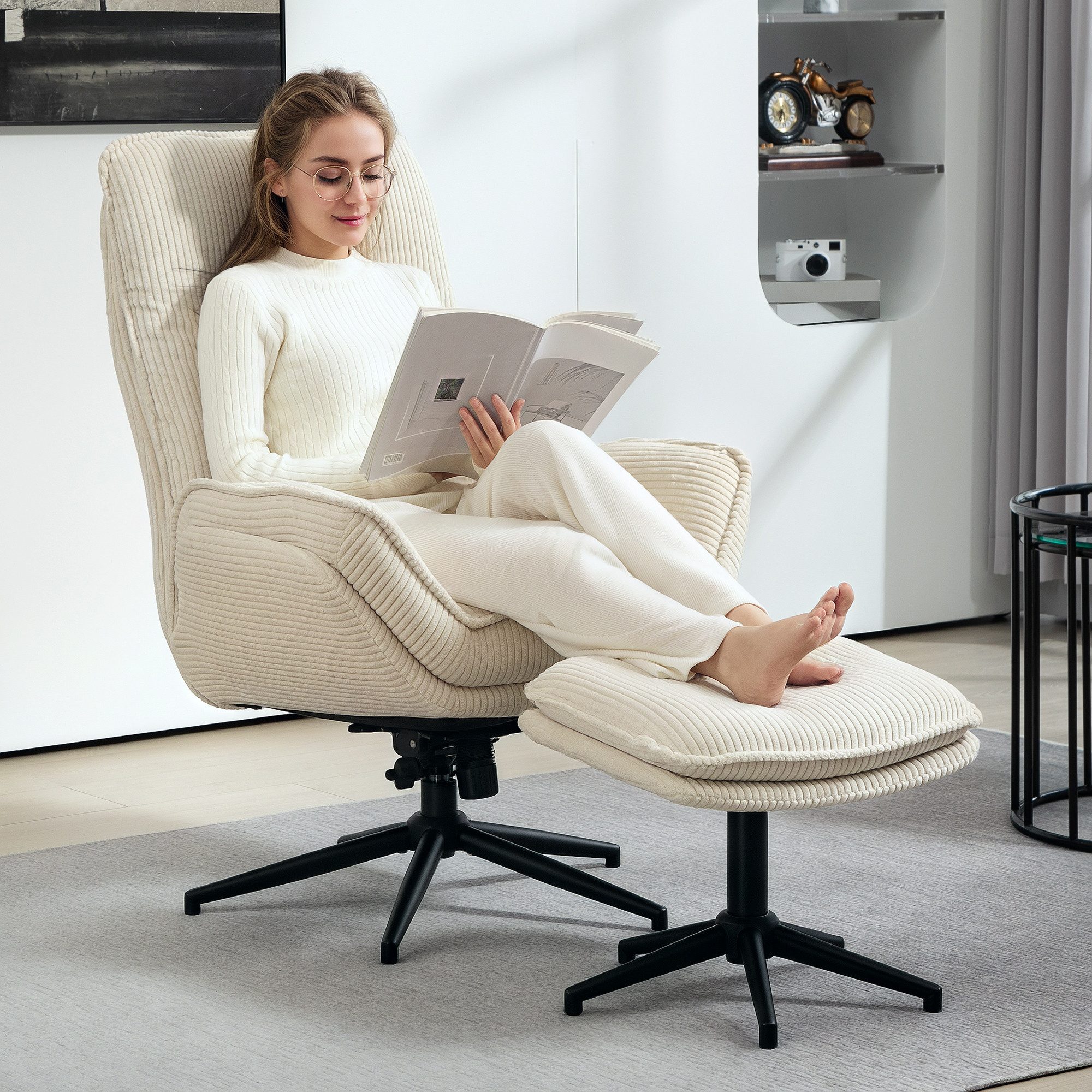 HOMCOM Relaxsessel mit Hocker 360°Drehbarer Fernsehsessel mit Liegefunktion Cord-Optik (TV-Sessel, 1-St., Ruhesessel), für Wohnzimmer, Schlafzimmer, Beige