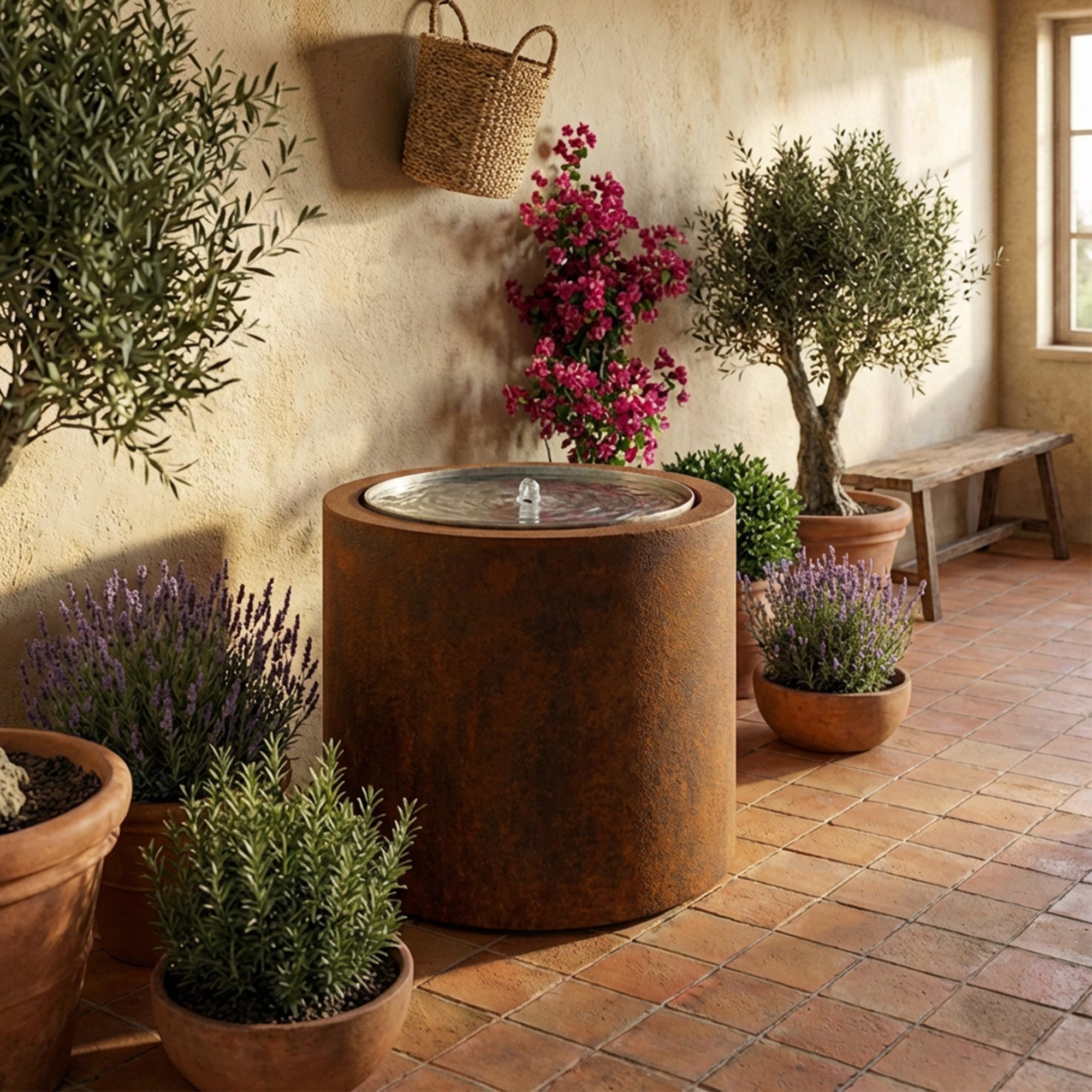 Köhko Gartenbrunnen Gartenbrunnen ORBIS rund Cortenstahl mit LED – für Garten & Terrasse