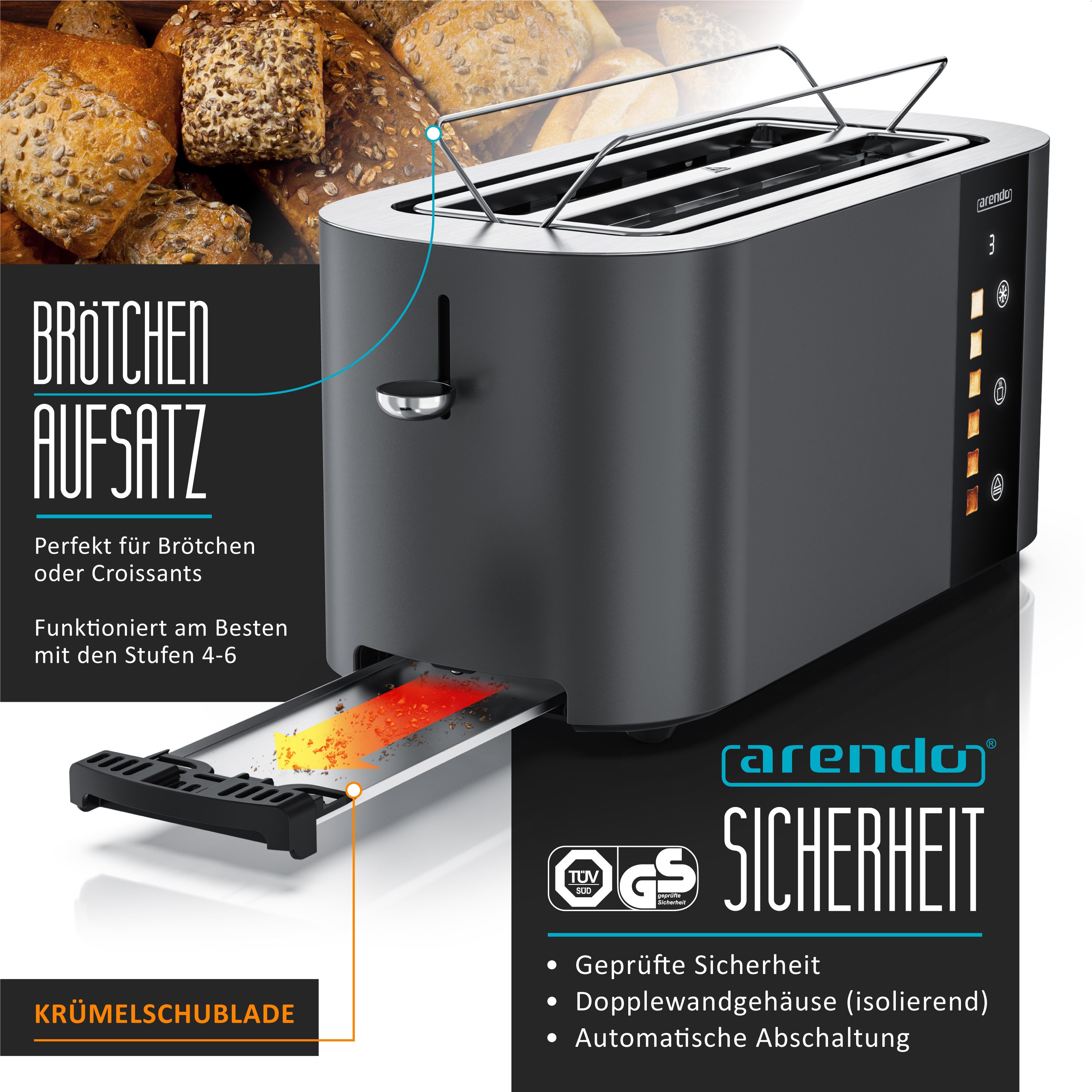Arendo Toaster Edelstahl, Langschlitz, Touch Display, Restzeit & Bräunungsgradanzeige, 2 lange Schlitze, für 4 Scheiben, 1500 W, Brötchenaufsatz, Wärmeisoliert, Toast-Symbole für Bräunungsgradauswahl