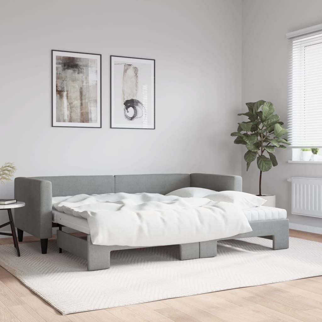 vidaXL Daybed, Tagesbett Ausziehbar mit Matratze Hellgrau 80x200 cm Stoff
