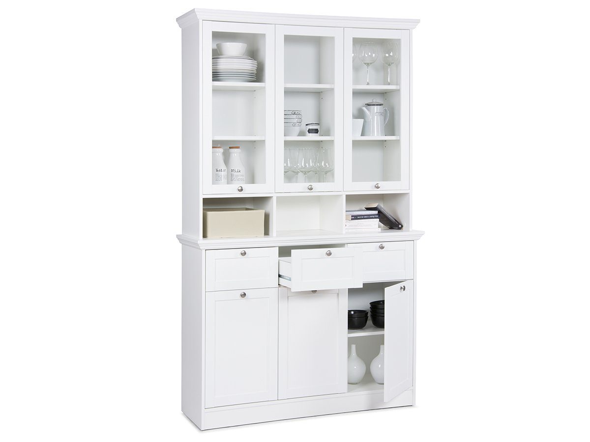 Ablagefächer Glastüren, möbelando Buffet Rahmentüren, Tiefe Spanplatte/Melaminharzbeschichtet. Buffetschrank 3 cm, Schlichter Höhe 200 offene 40 Breite 3 Landsted cm, Schubkästen, und 3 9 3 mit 120 cm Fächer,