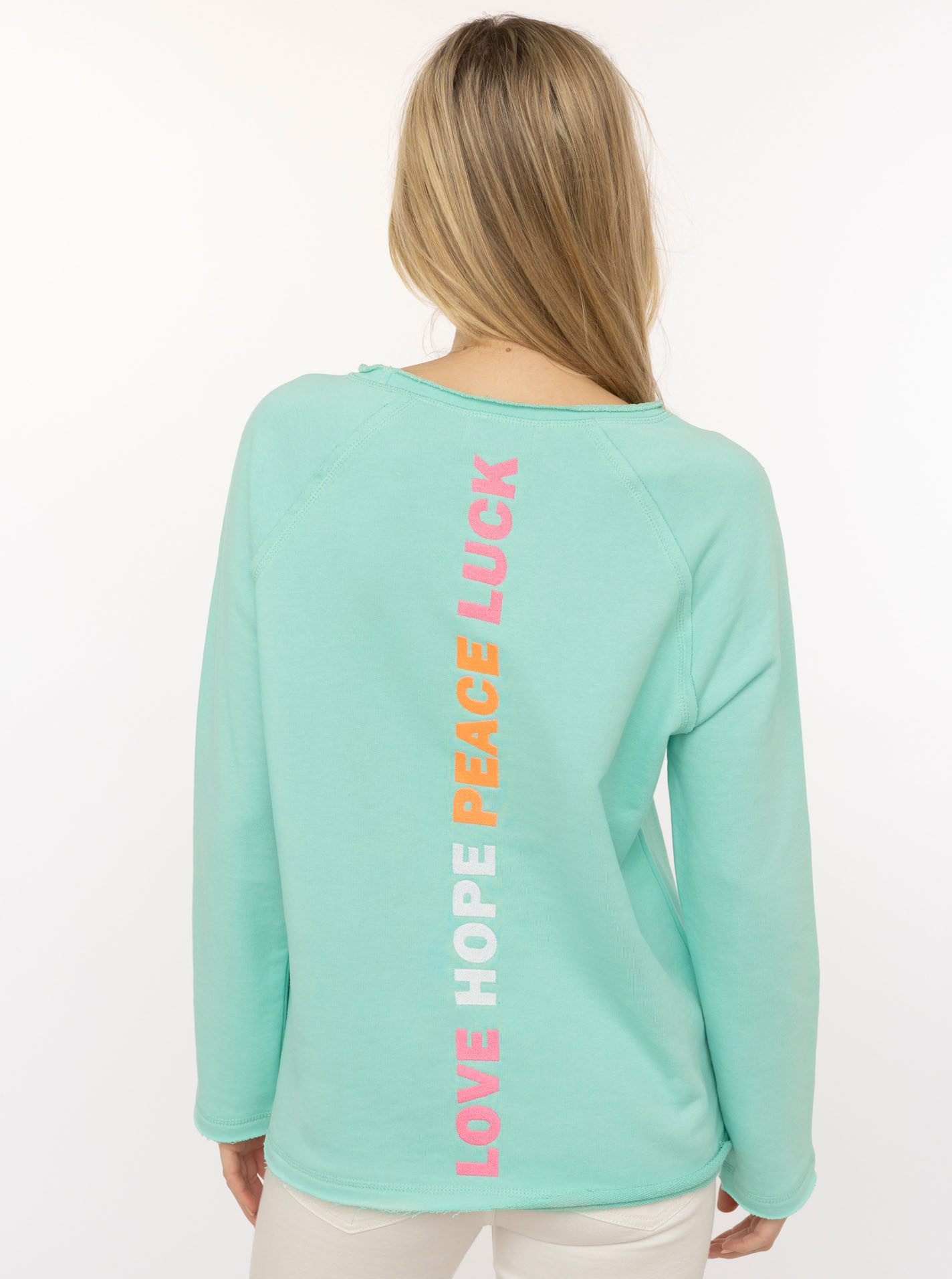 Zwillingsherz Sweatshirt "Love Smile Luck" mit Used-Look Kanten und Stickerei vorne und hinten – Bild 3 von 5