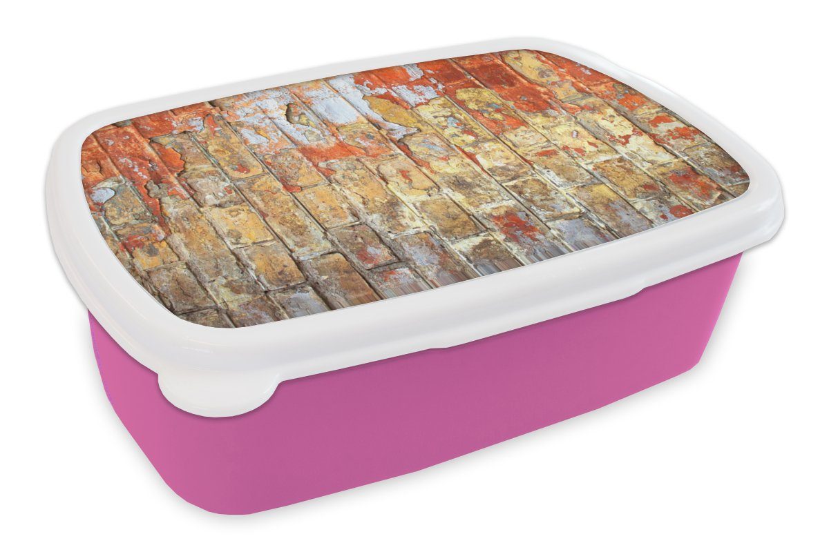 MuchoWow Lunchbox Wand - Farbe - Backstein, Kunststoff, (2-tlg), Brotbox für Erwachsene, Brotdose Kinder, Snackbox, Mädchen, Kunststoff rosa