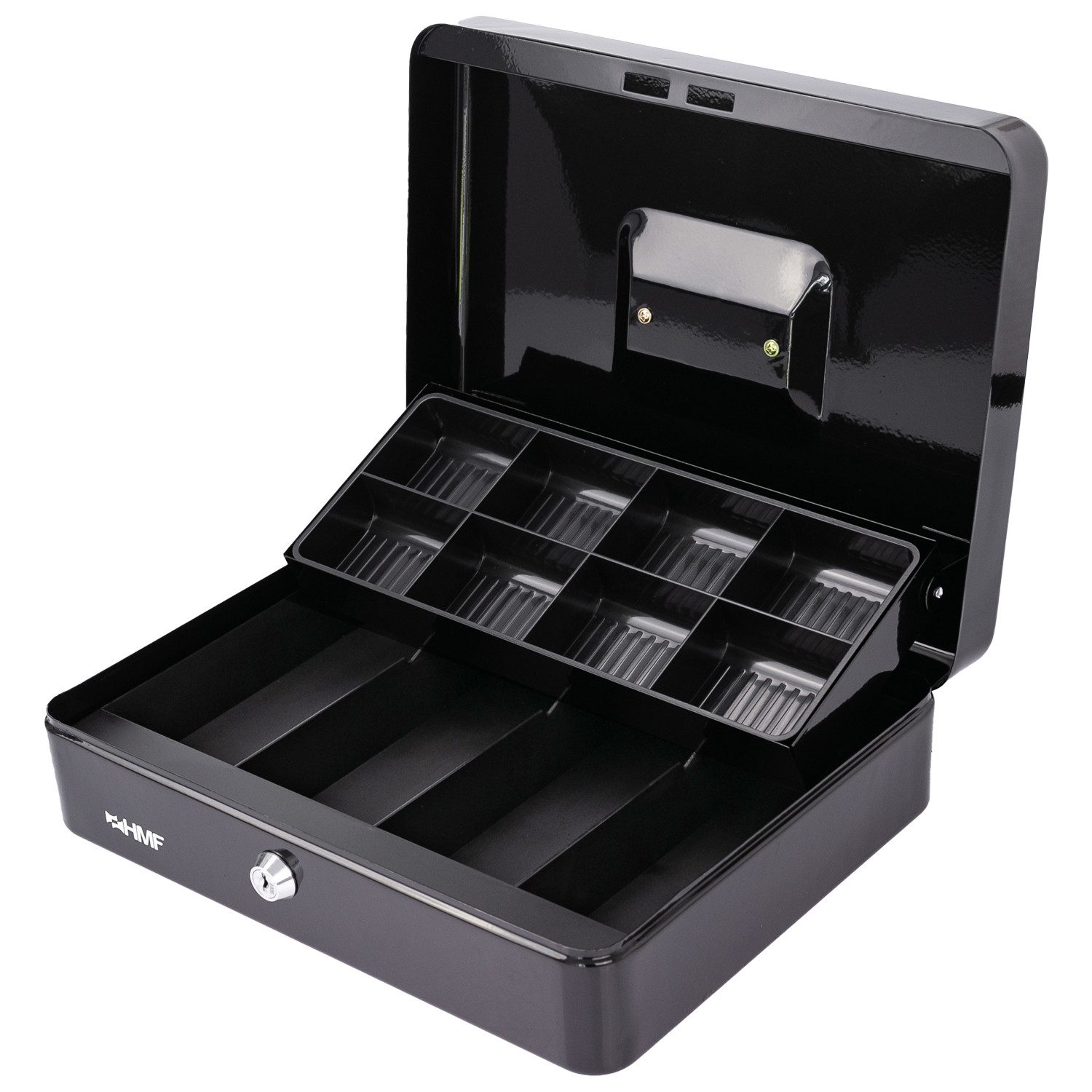 HMF Geldkassette Geldkassette abschließbar, Kasse mit 8 Münzfächern, und 4 Geldscheinmulden, 30 x 24 x 9 cm, schwarz