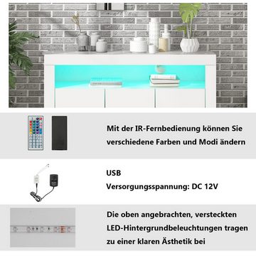 Gotagee Sideboard Hochglänzende Weiß Sideboard-Vitrine LED Beistellschrank Schließfach