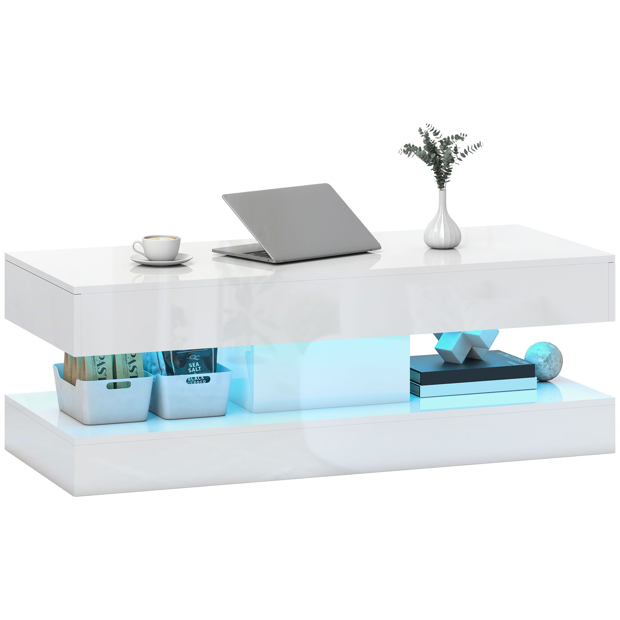 HOMCOM Couchtisch mit 12-Farbiger LED Beleuchtung, 2 Schublade, offenem Reg günstig online kaufen