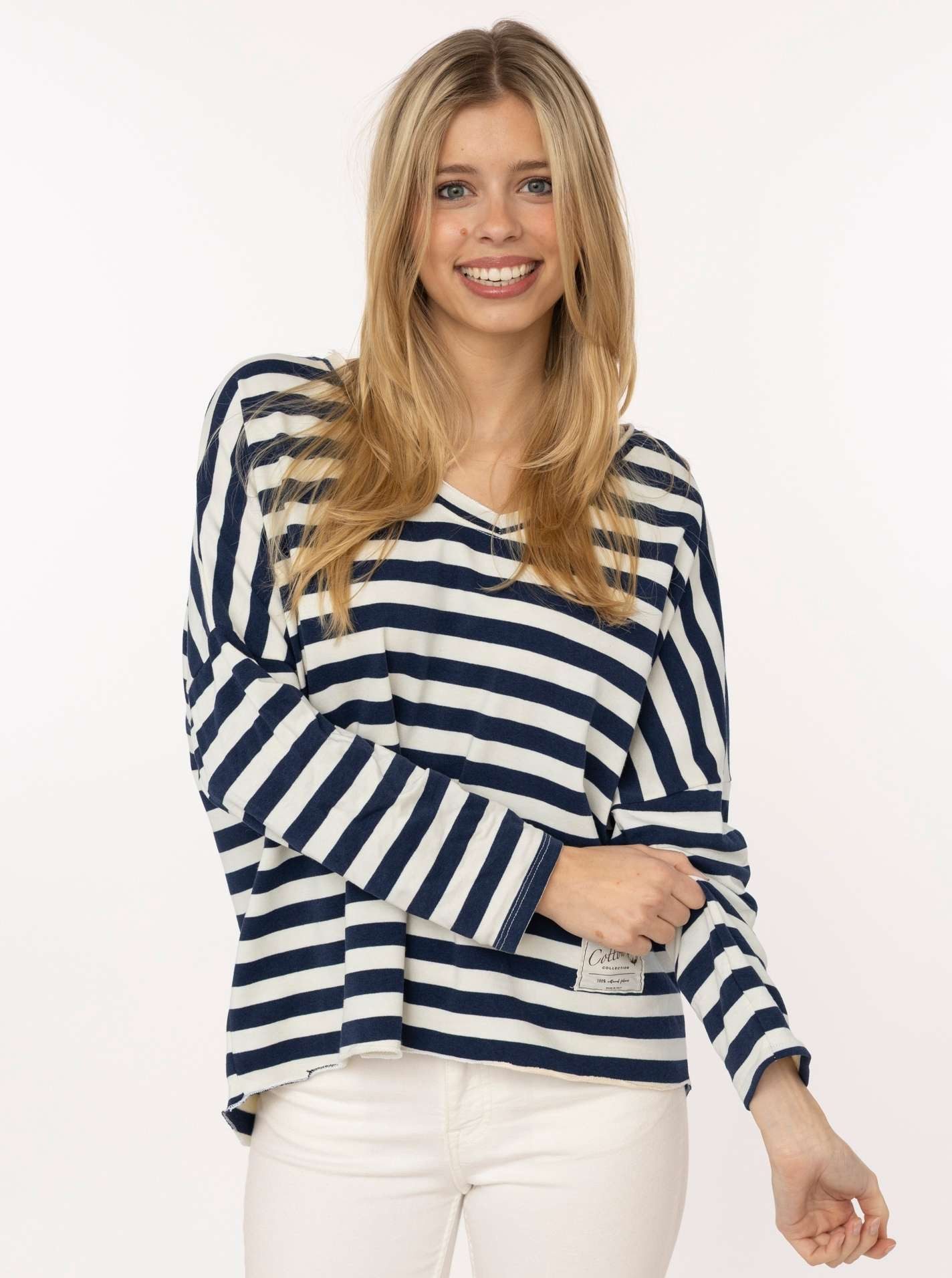 Zwillingsherz T-Shirt "Streifen & Jersey" Streifenmuster, V-Neck, offene Kanten für Used Look