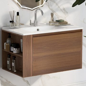 Rutaqian Waschbeckenunterschrank Badezimmerschrank, Waschbeckenunterschrank hängend 76cm breit (mit Keramikwaschbecken, mit Schubladen,modernes Design, braun) freistehend,Aufbewahrungsschrank, Holzwerkstoff , H 47 x B 47 x T 76 cm