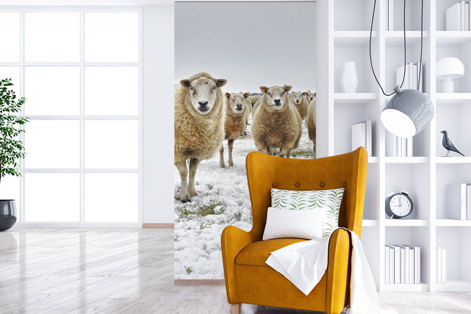 MuchoWow - (2 St), - bedruckt, Schafe Fototapete Schlafzimmer Wohnzimmer Küche, Fototapete Vliestapete Wolle für Matt, Schnee,