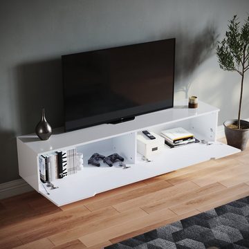 SONNI TV-Schrank Ein weißer, hängender TV-Schrank mit LED-Lichteffekten.160/180x35x30cm