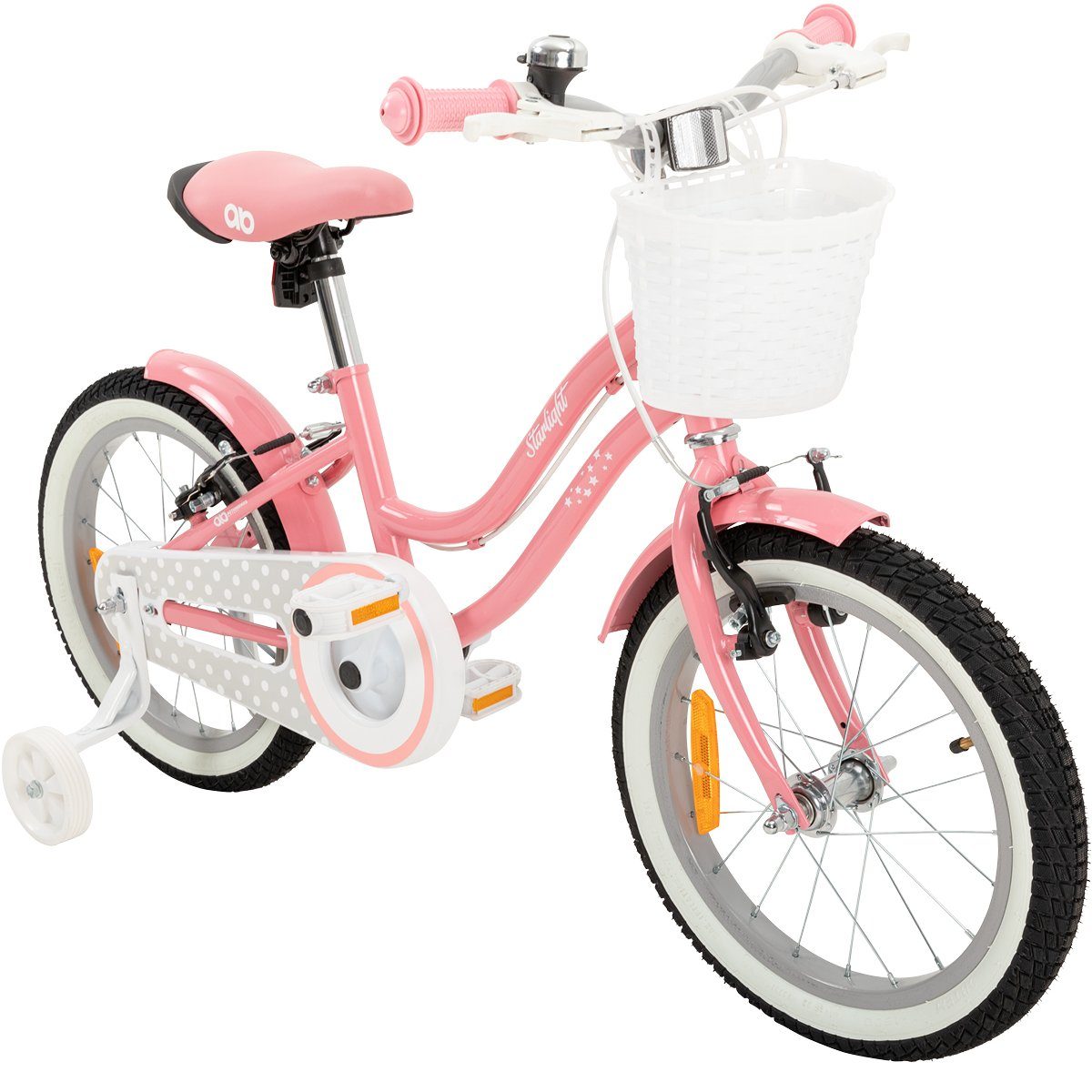 Actionbikes Motors Kinderfahrrad Mädchen Kinder Fahrrad Starlight inkl. Fahrradkorb - rosa weiß, 1 Gang, ohne Schaltung, (16 Zoll, ab 105 cm Körpergröße, max. Zuladung 40 kg, Stützräder, Klingel, Katzenaugen, Reflektoren, Antirutschgriffe, 1-tlg., V-Brake-Bremse, Luftbereifung, Schutzbleche, pastellrosa), höhenverstellbares Bike Mädchen Rad Kinderrad ab 4 Jahre