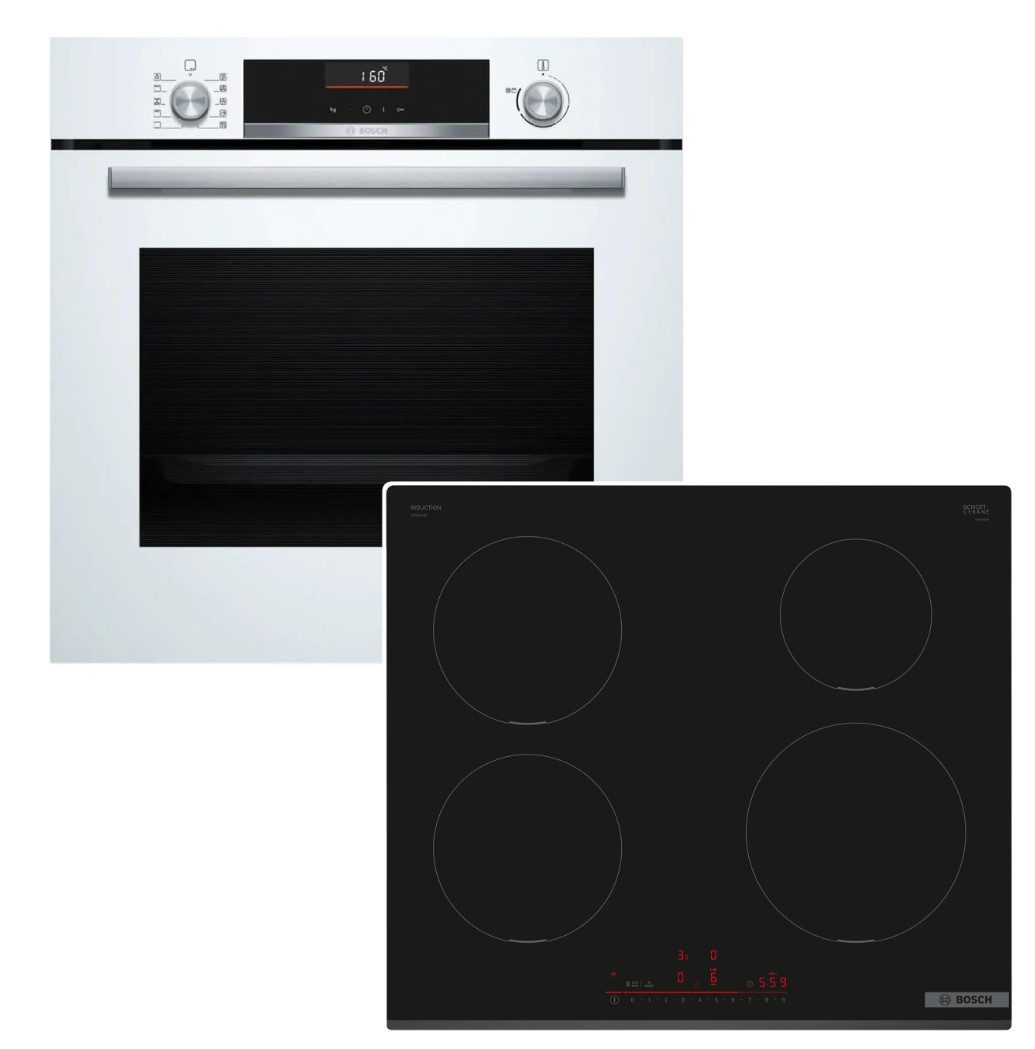 BOSCH Backofen-Set Backofen weiß AirFry 3DHeißluft + Induktionskochfeld Boost HomeConnect, EcoClean Direct