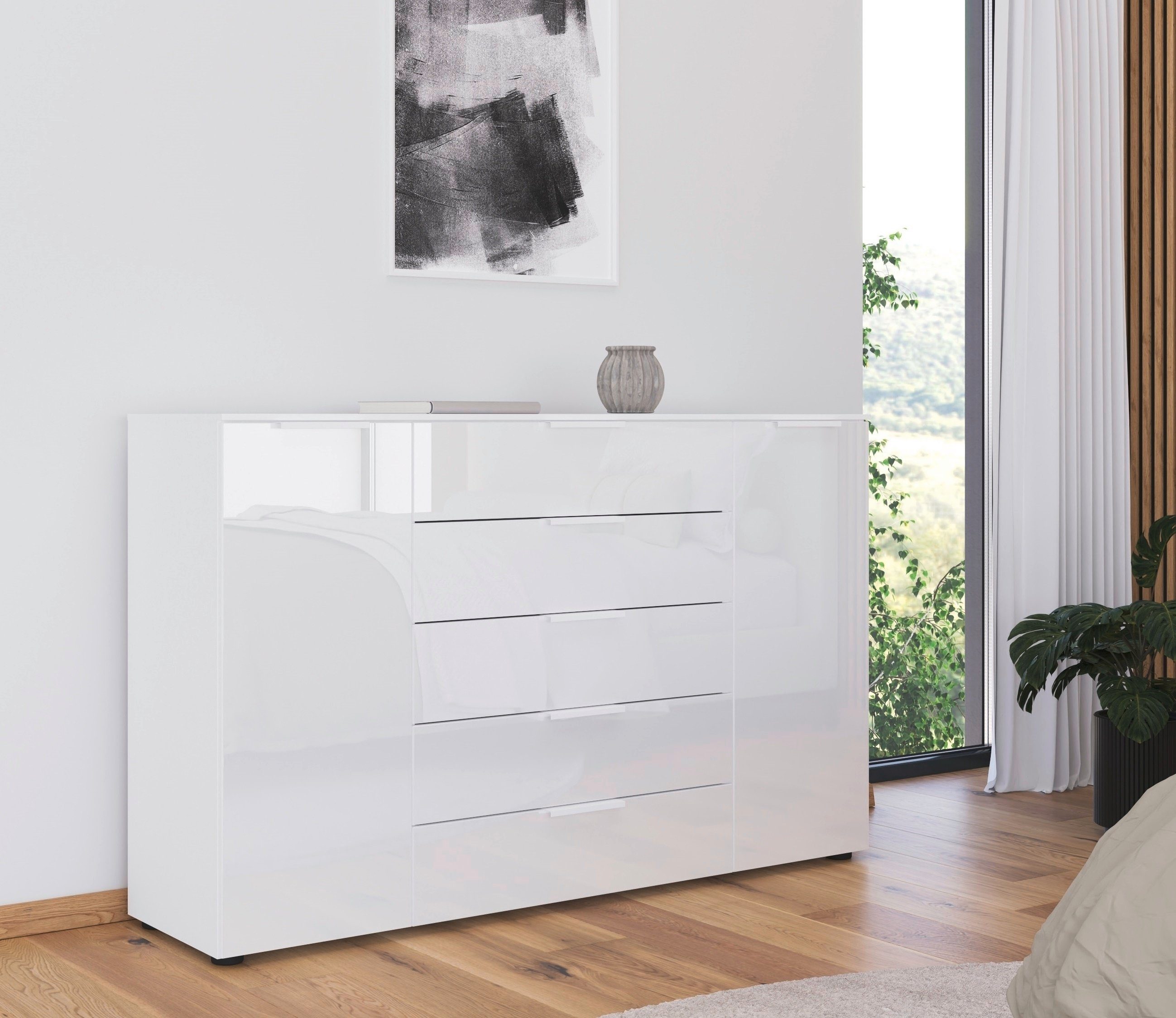 rauch Schubkastenkommode Kommode Türkommode Sideboard Kombikommode FLIPP mit Glasfront (Breite 160/180 cm mit 4 Einlegeböden), 2-trg mit 5 Schubladen und Soft-Close, 2 Breiten MADE IN GERMANY