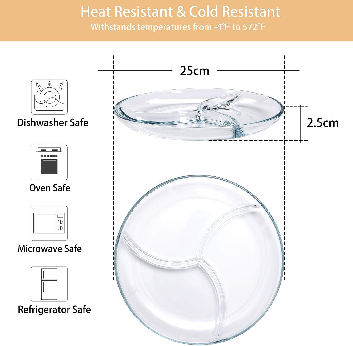 FELIXLEO Dessertteller Servierteller Glasteller Snackteller mit Fächern D25cm 2er Set