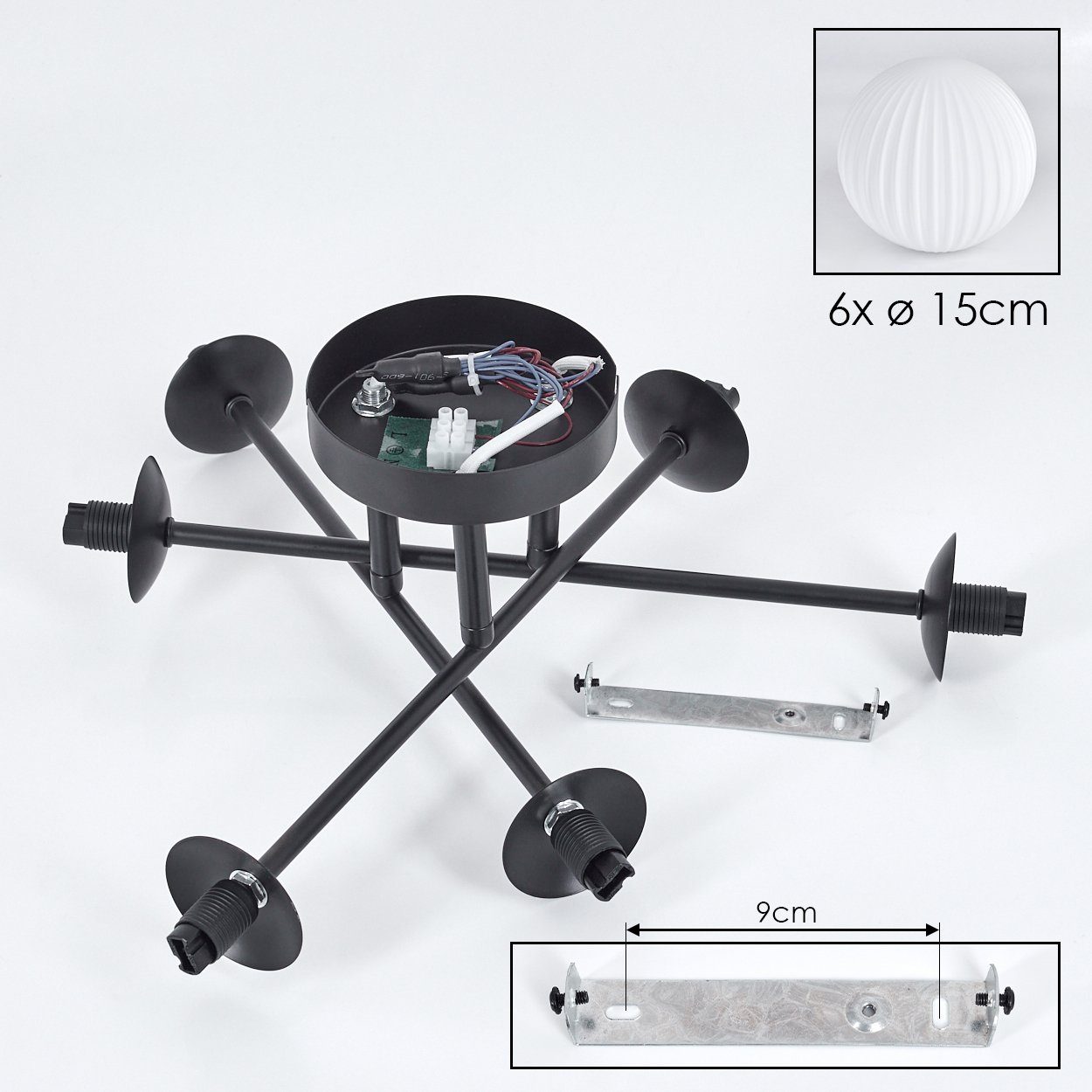 hofstein Deckenleuchte Deckenlampe aus Metall/Riffelglas in Schwarz/Weiß, ohne Leuchtmittel, Leuchte mit Schirmen aus Glas (15 cm), 6 x G9, ohne Leuchtmittel – Bild 5 von 5