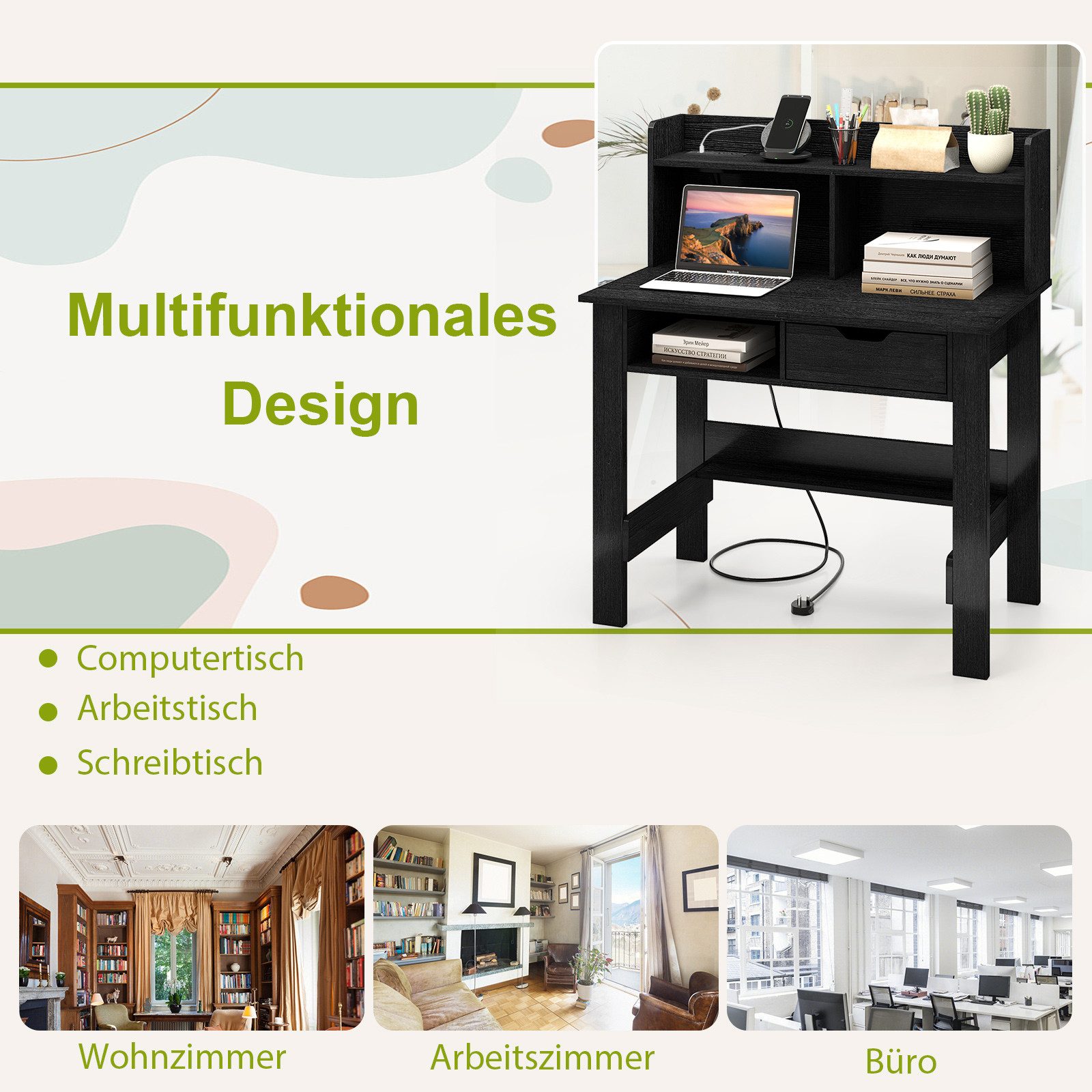 KOMFOTTEU Schreibtisch, Computertisch mit Schublade, Ladestation, USB- & Type-C-Anschluss