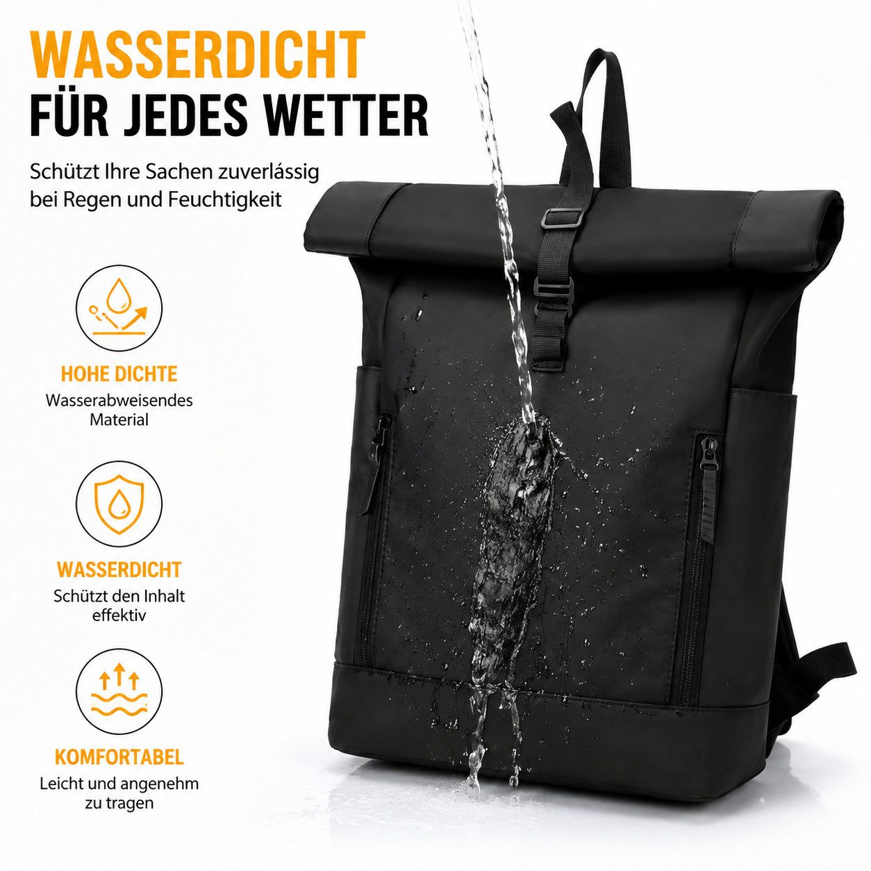 Toomoke Laptoprucksack Rolltop Rucksack Herren Damen, Cityrucksack mit 15,6-Zoll-Fach (Daypack für Büro, Uni und Reise, wasserabweisend mit Trolleygurt), atmung – Bild 4 von 5