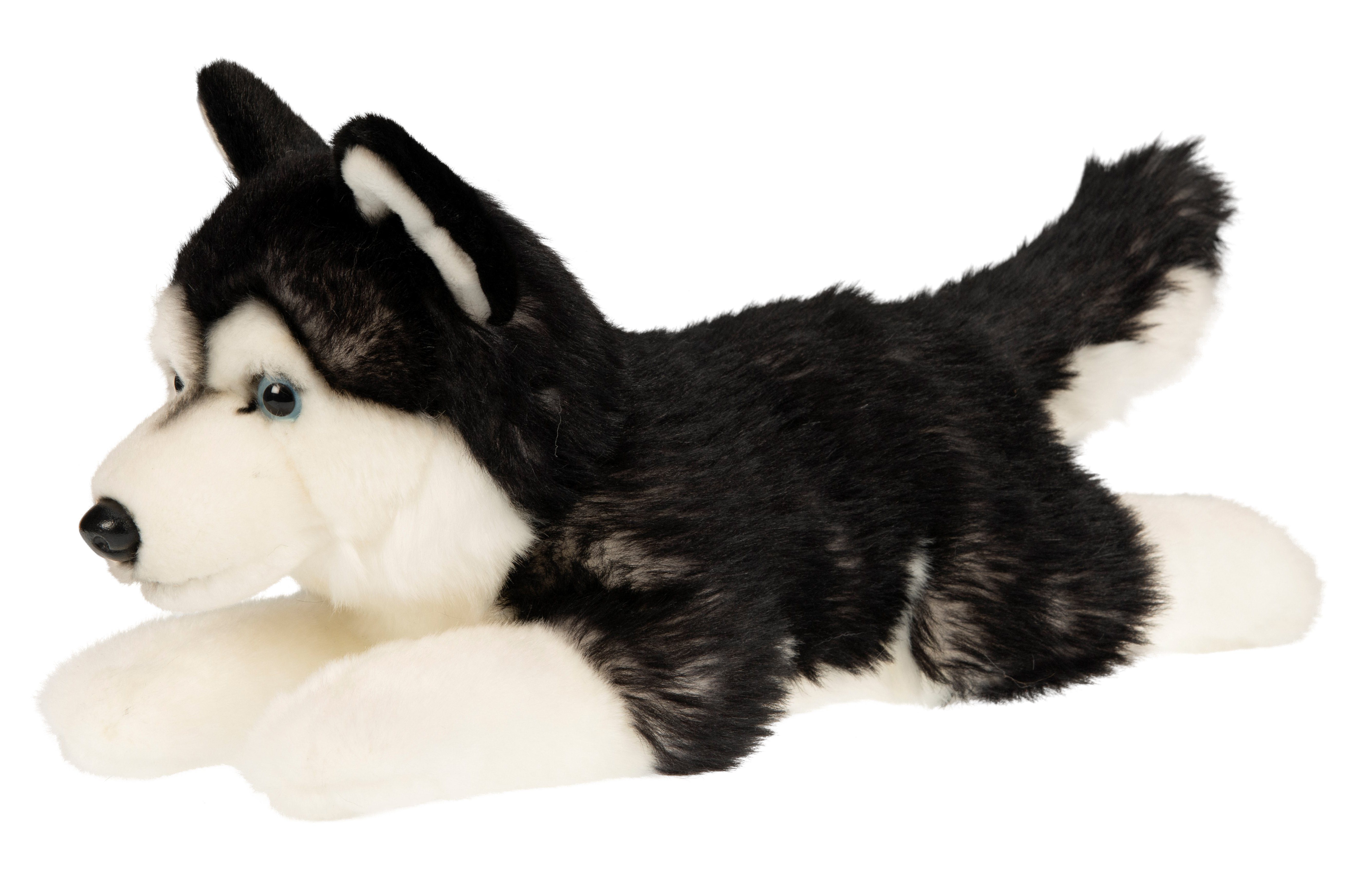 Uni-Toys Kuscheltier Husky schwarz, liegend - 41 cm (Länge) - Plüsch-Hund - Plüschtier, zu 100 % recyceltes Füllmaterial