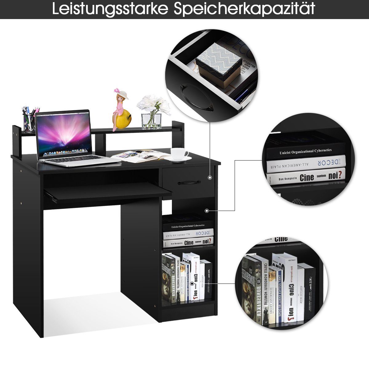 COSTWAY Schreibtisch, Ablage, Schwarz mit Tastaturauszug Schublade