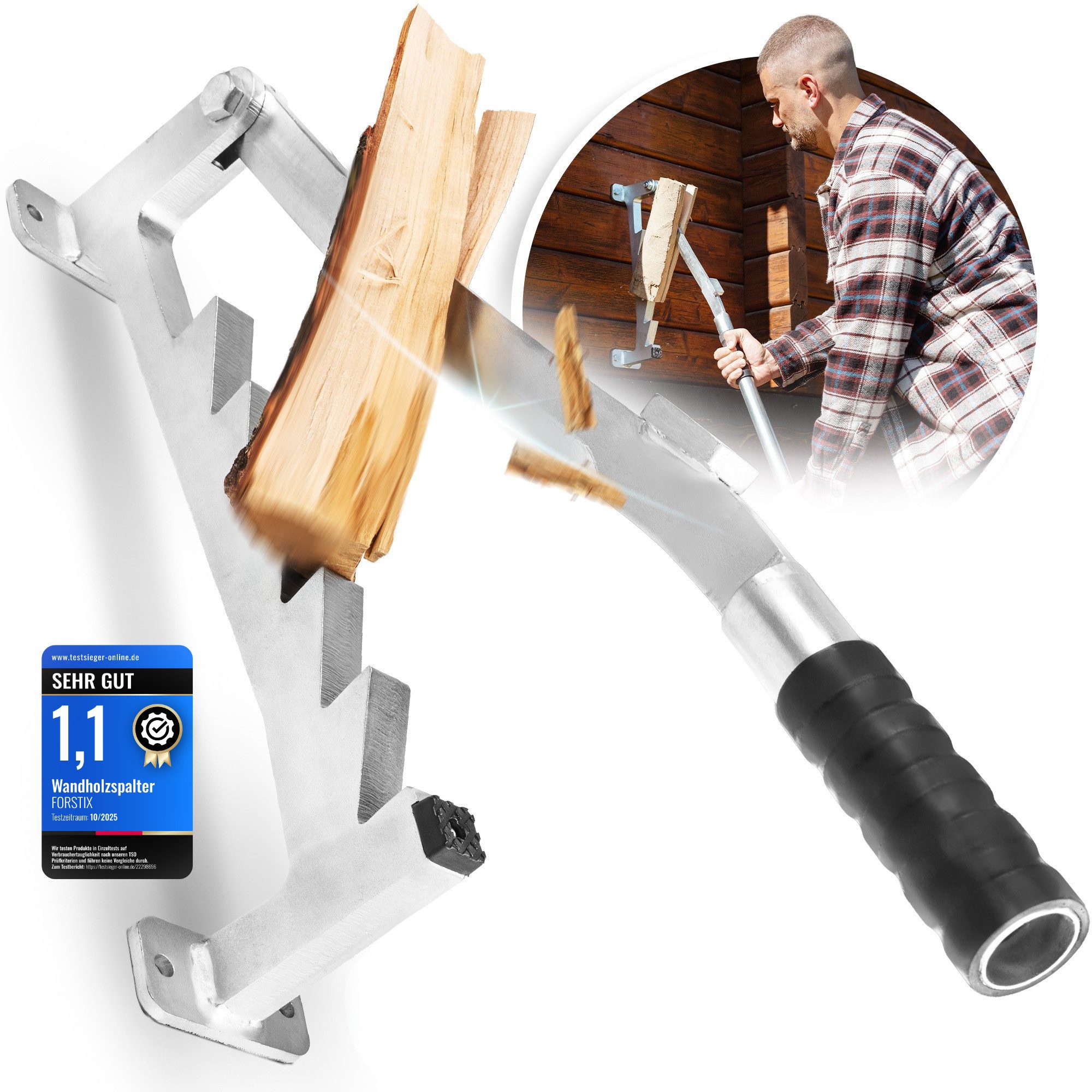 FORSTIX® Holzspalter manuell [Wandmontage] mechanischer Handholzspalter Spanmesser, Spaltgutlänge bis 34 cm, (Packung), Kaltverzinkter Stahl, Doppelgriff, Wandmontage