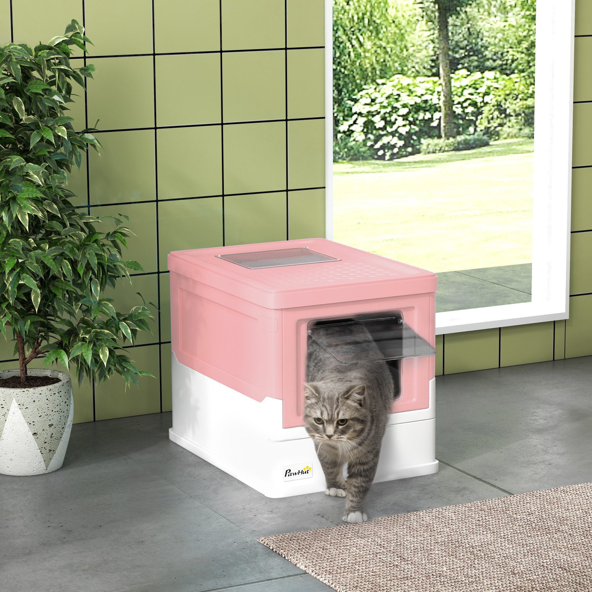 PawHut Katzentoilette Katzenklo mit Deckel Katzenhaus mit Bodenschale und Schaufel, Kunststoff Weiß+Rosa 47,5 x 35,5 x 36,7 cm