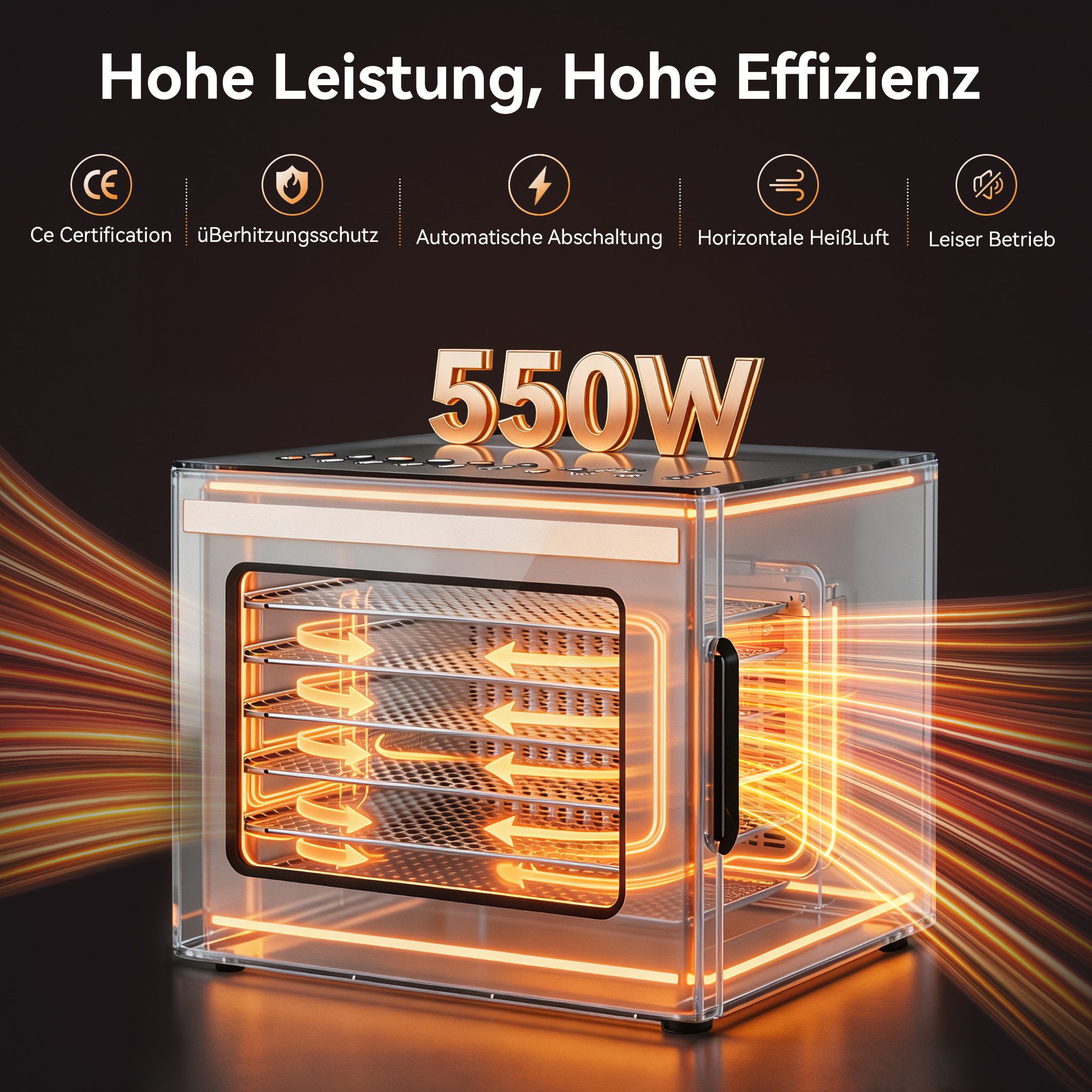 Furnicopia Dörrautomat Edelstahl Lebensmitteltrockner – 10 Tabletts, 48h, 850W 550 W, 6 Etagen, 360°-Umluft, 24-h-Warmhalten, für Obst, Jerky u. a., inkl. Rezep – Bild 3 von 5