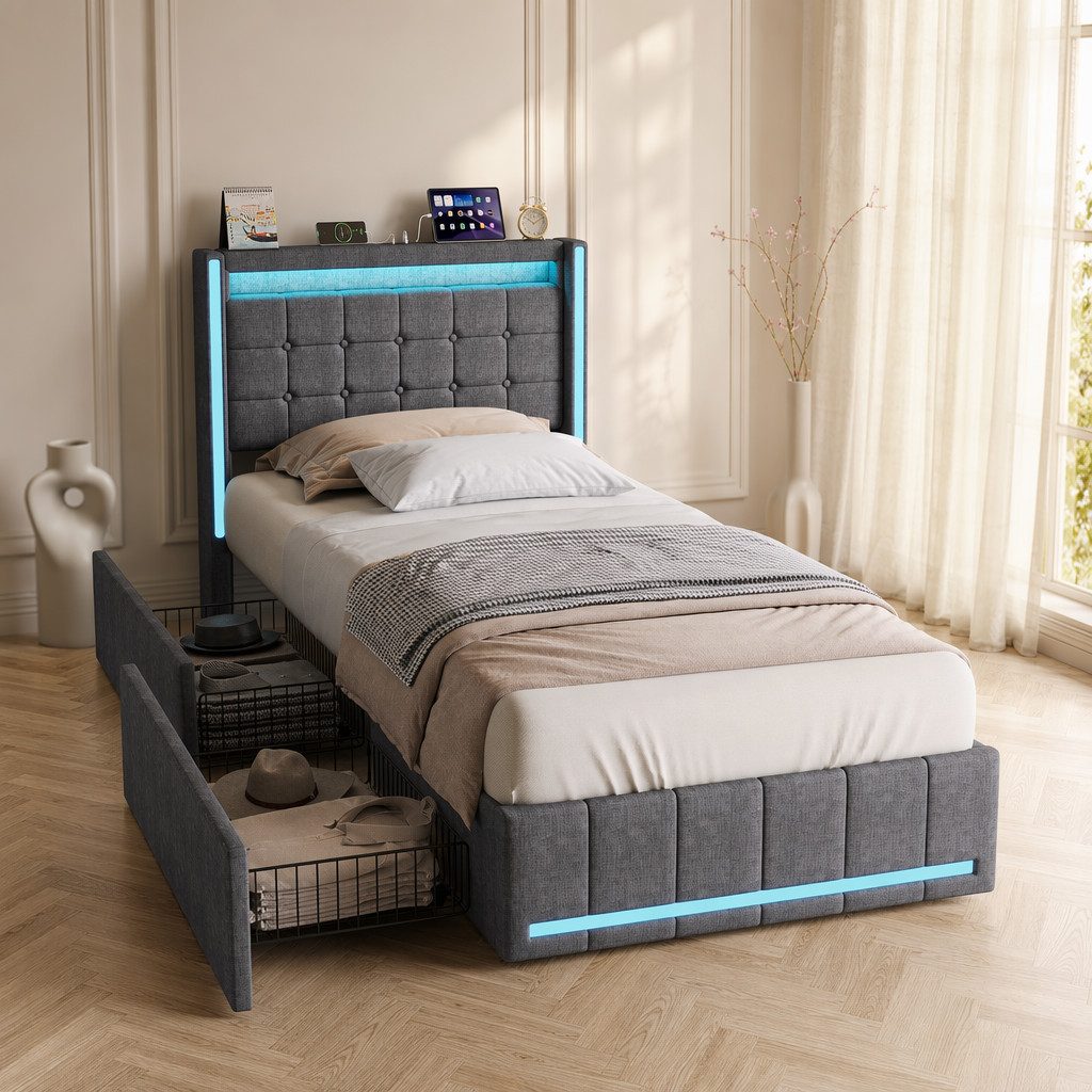 Simurq Einzelbett Polsterbett 90x200 mit Stauraum, Jugendbett, Gästebett, Mit Lattenrost, 2 Schubladen, USB Port & LED, Leinen