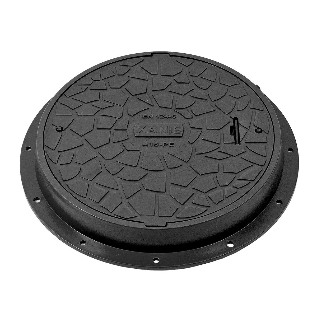 Xanie Erdschacht Schachtdeckel DN600 mit Rahmen Ø 800 mm + Verriegelung, Kunststoff A15, 80x80x95 cm, schwarz, begehbar, natürliche Optik