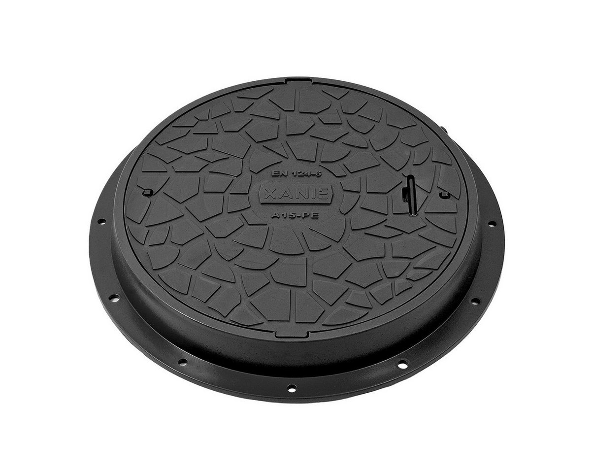 Xanie Erdschacht Schachtdeckel DN600 mit Rahmen Ø 800 mm + Verriegelung, Kunststoff A15, 80x80x95 cm, schwarz, begehbar, natürliche Optik