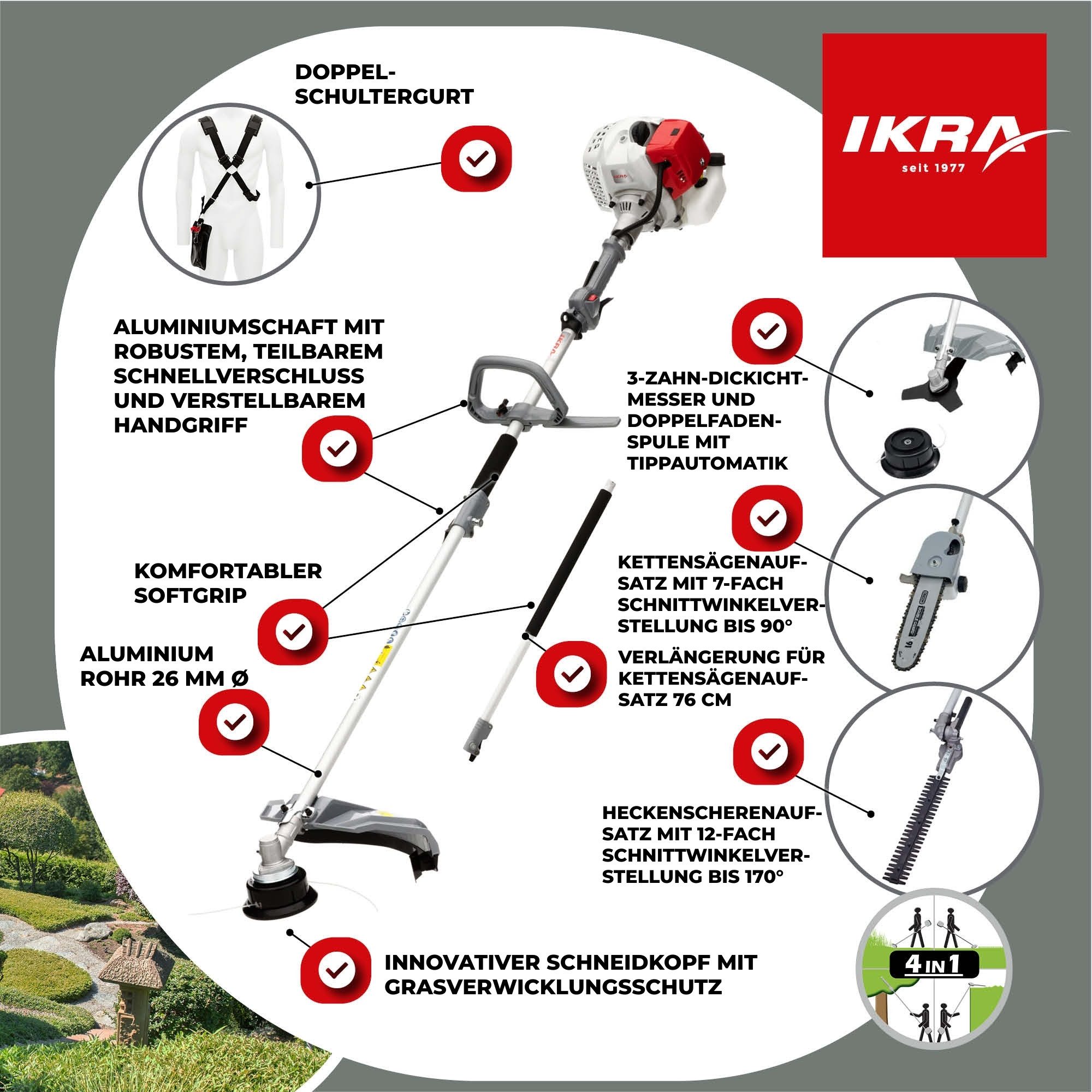 ikra GmbH Garten-Multifunktionsgerät IBKH 33-1, mit Schutzbrille, 4in1: Rasentrimmer, Freischneider, Teleskop-Heckenschere & Entaster