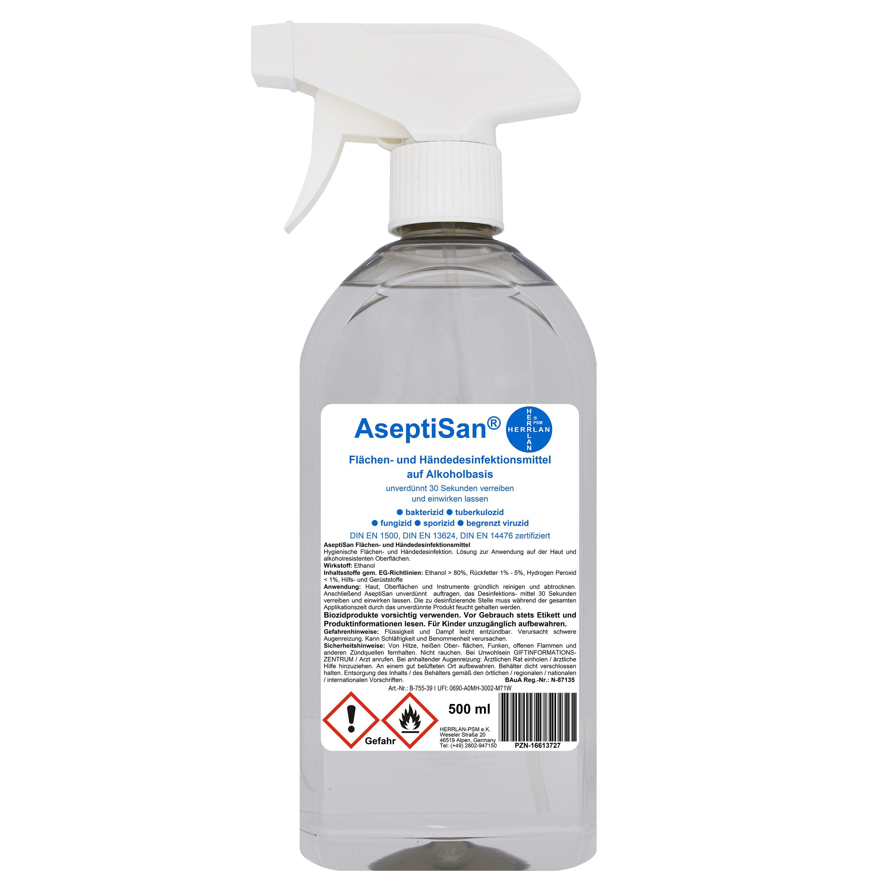 HERRLAN AseptiSan 500 ml Sprühflasche I Flächen- und Hand-Desinfektionsmittel
