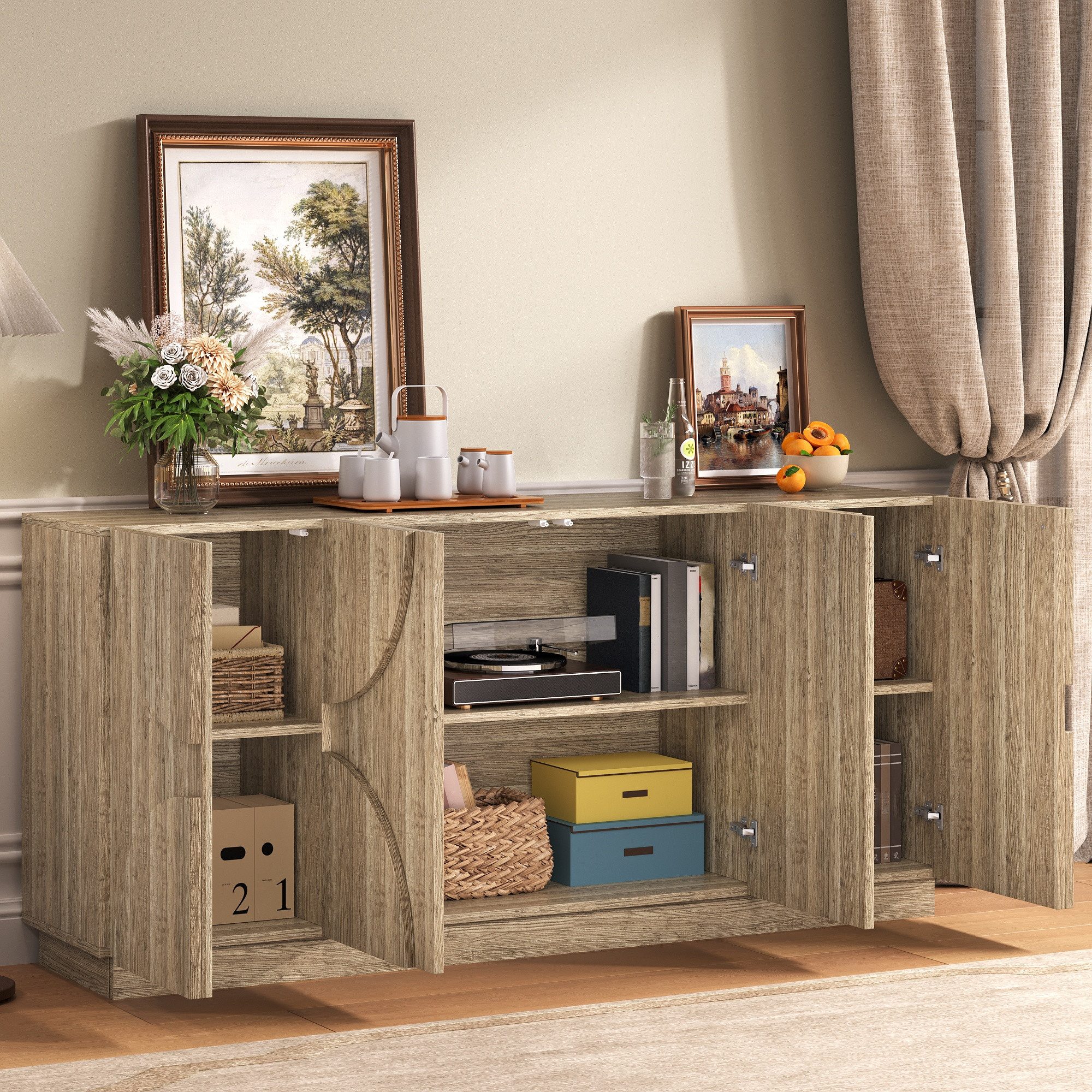 HAUSS SPOLE Sideboard mit Regalen,Beistellschrank Aufwahrungsschrank mit Rebounder,Holzfarbe (Kommode, Buffetschrank, 1 St., mit Regalen, 160 × 40 × 80 cm), Türverkleidungen mit symmetrische Bogenform