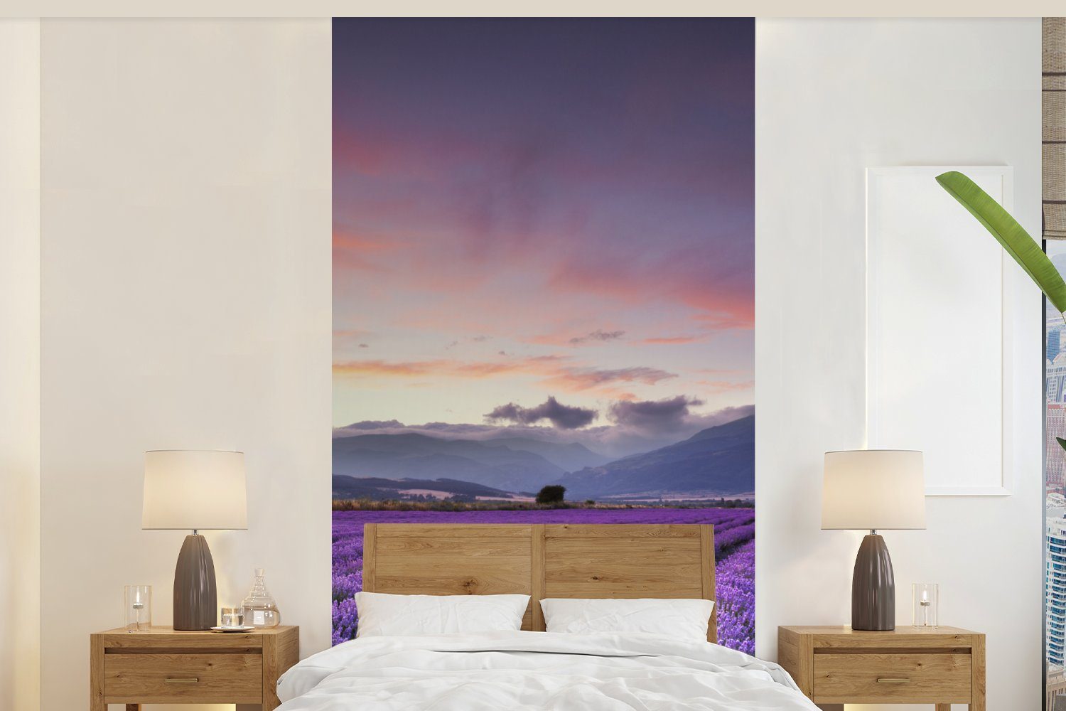MuchoWow Fototapete Ein schönes Lavendelfeld bei Sonnenuntergang, Matt, bedruckt, (2 St), Vliestapete für Wohnzimmer Schlafzimmer Küche, Fototapete