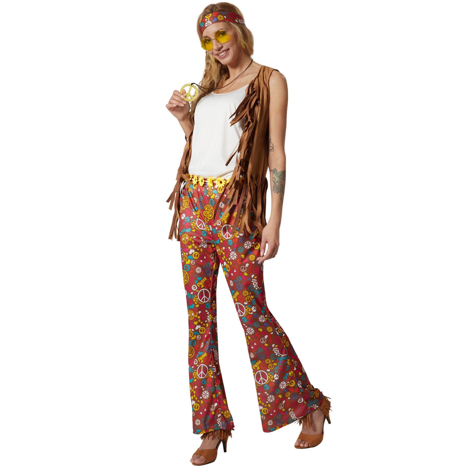 dressforfun Hippie-Kostüm Damenkostüm, Braune Weste und Hose mit passenden Accessoires.